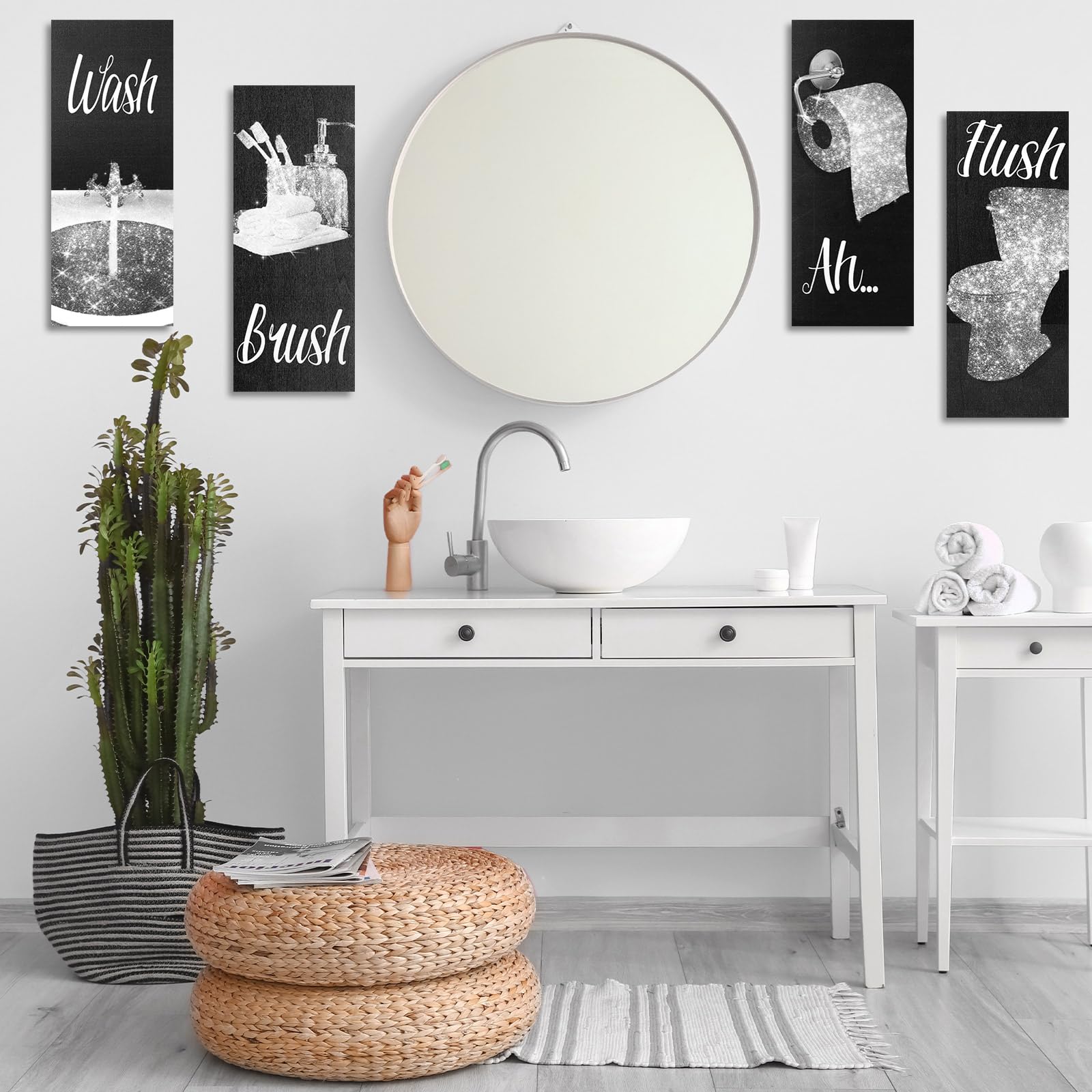 Chinco 4 Pcs Women Funny Wall Art Bathroom Decor 9.84 x 3.94 x 0.2 Inch Glam Bathroom Wall Decor Modern Women Funny Bath Wood Ha