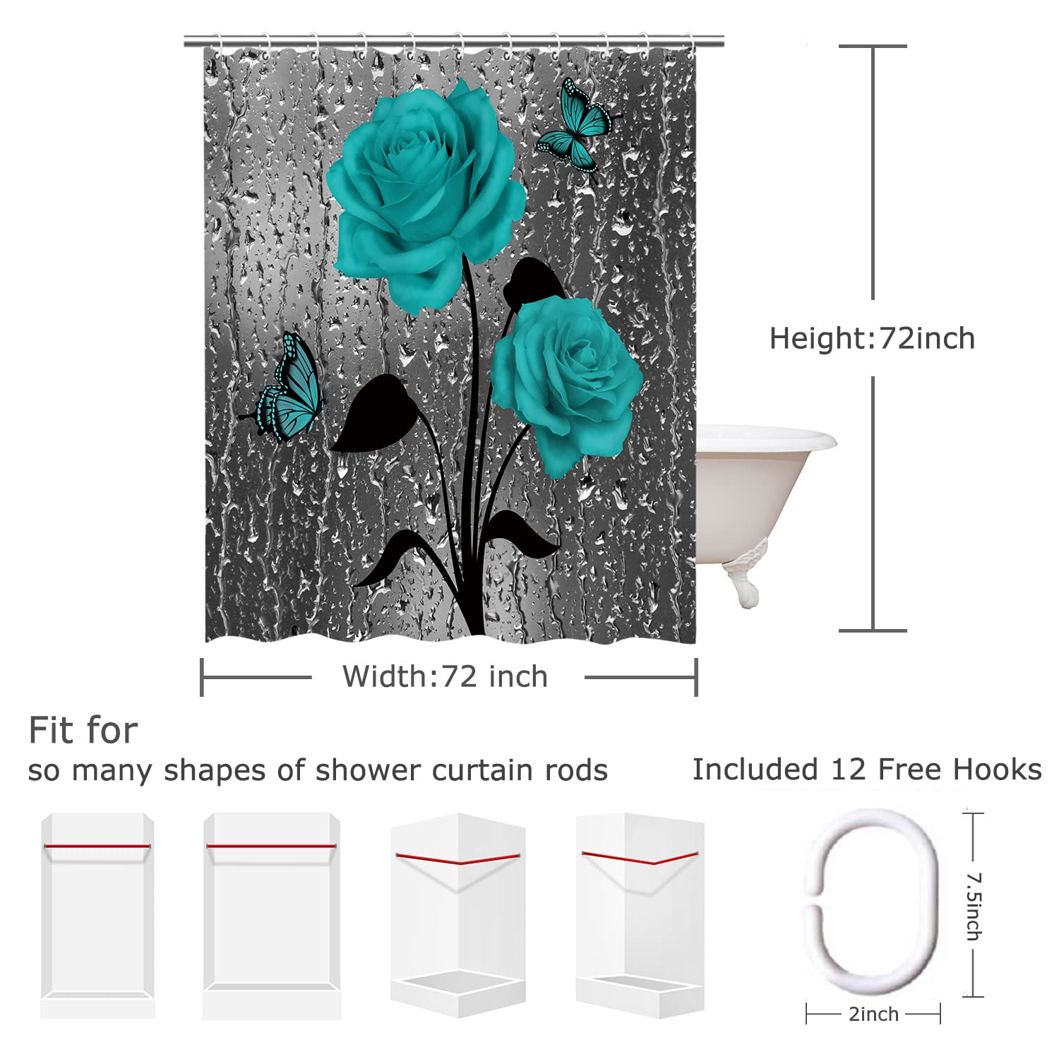 Livilan Teal Shower Curtain, Turquoise Shower Curtain, Gray Shower Curtain Rose Fall Raindrop Dark Blue Floral On Grey Shower Cu