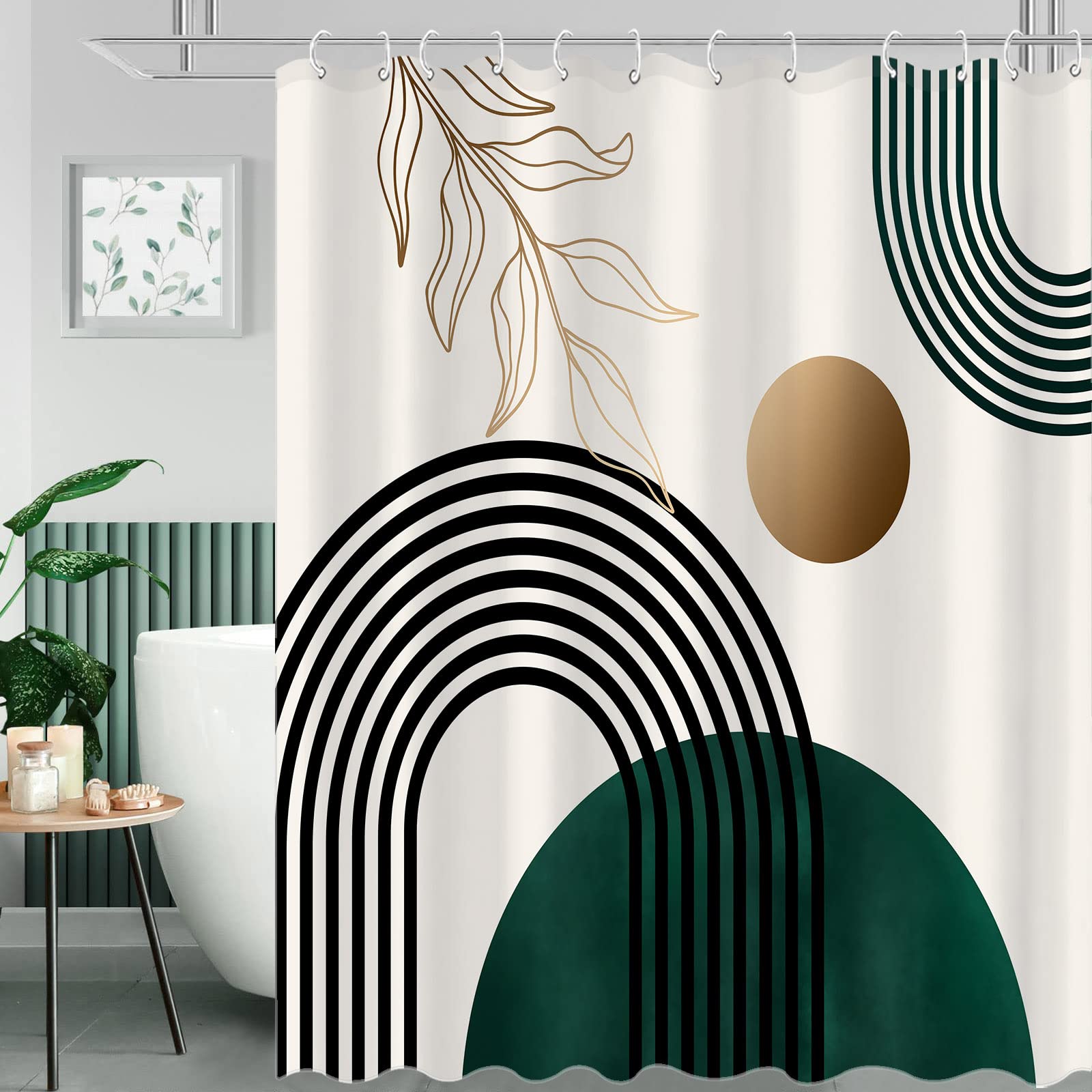 Aipon Green Mid Century Shower Curtain For Bathroom Abstract Boho Shower Curtain Modern Fabric Waterproof Shower Curtains For Ba