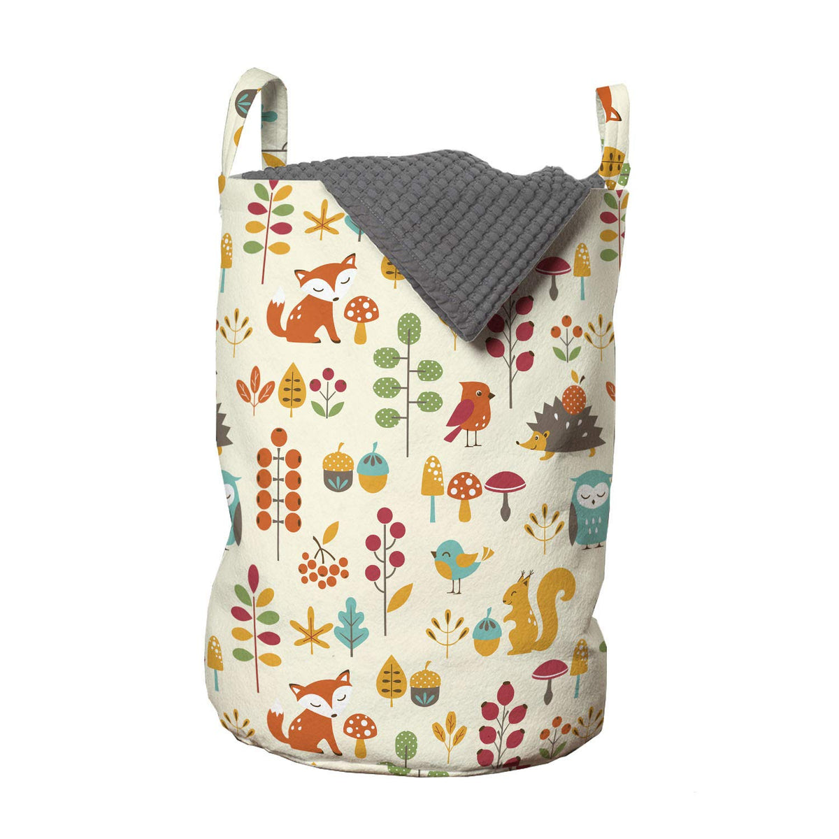 Ambesonne Cartoon Laundry Bag, Autumn Pattern Owl Fox Squirrel Birds Animal Leaves Print, Hamper Basket With Handles Drawstring