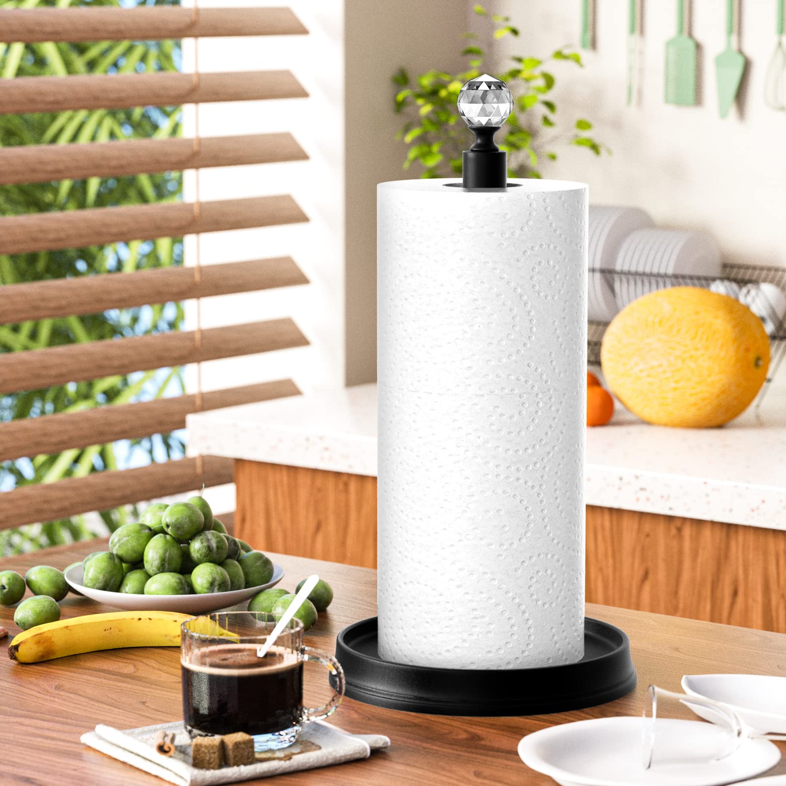 Kasunto Paper Towel Holder (With Crystal Head) Steel Paper Towel Holder Countertop,Black Paper Towel Holder For Kitchen Countert