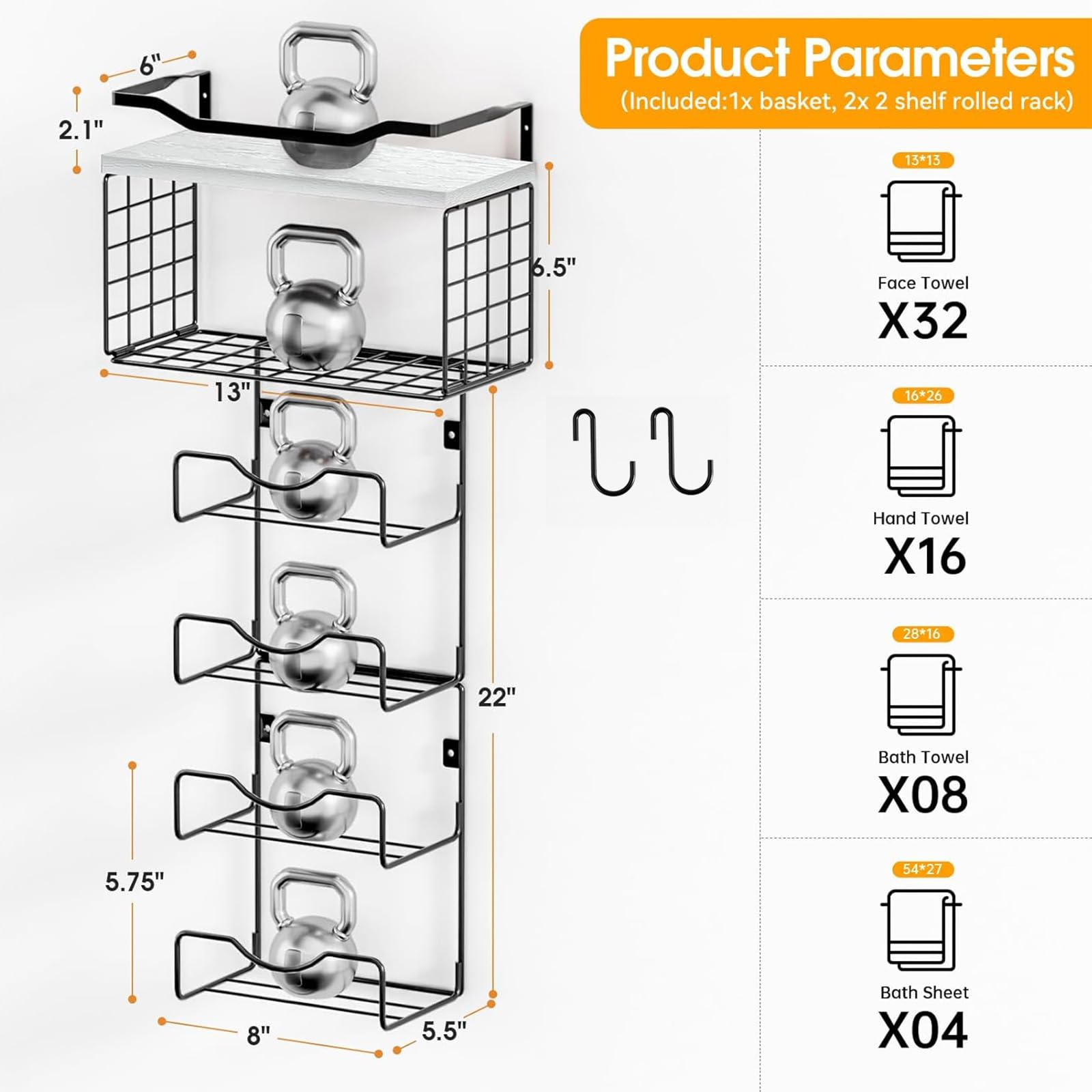 Towel Racks For Bathroom,Towel Rack Wall Mounted, 6 Tier Rolled Or Folded Towel Holder With Floating Shelves, Bathroom Towel Hol