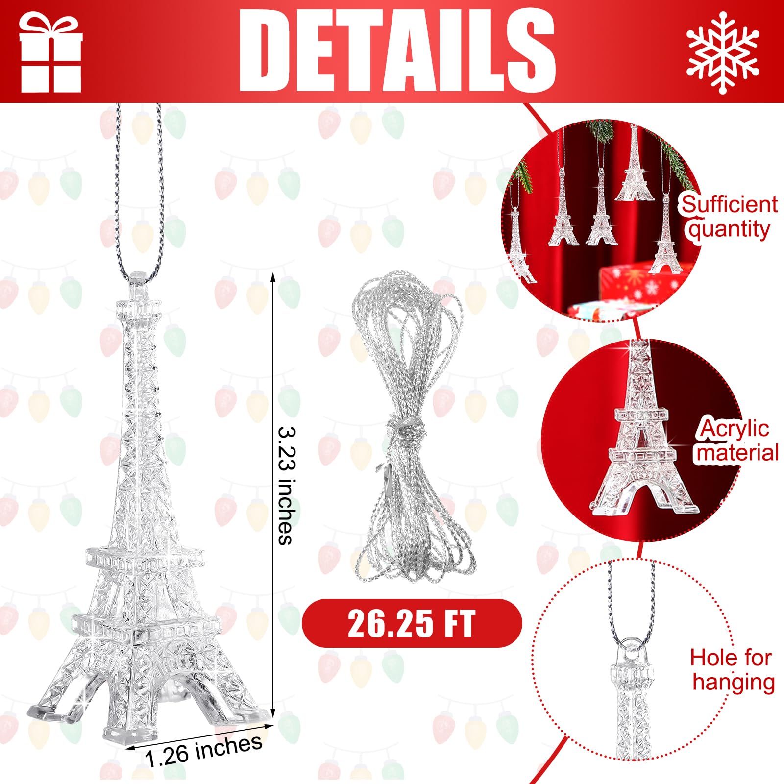 Thyle 24 Pcs Eiffel Tower Christmas Tree Ornaments Silver Glitter Paris Decorations Acrylic Eiffel Tower Hanging Ornaments for C