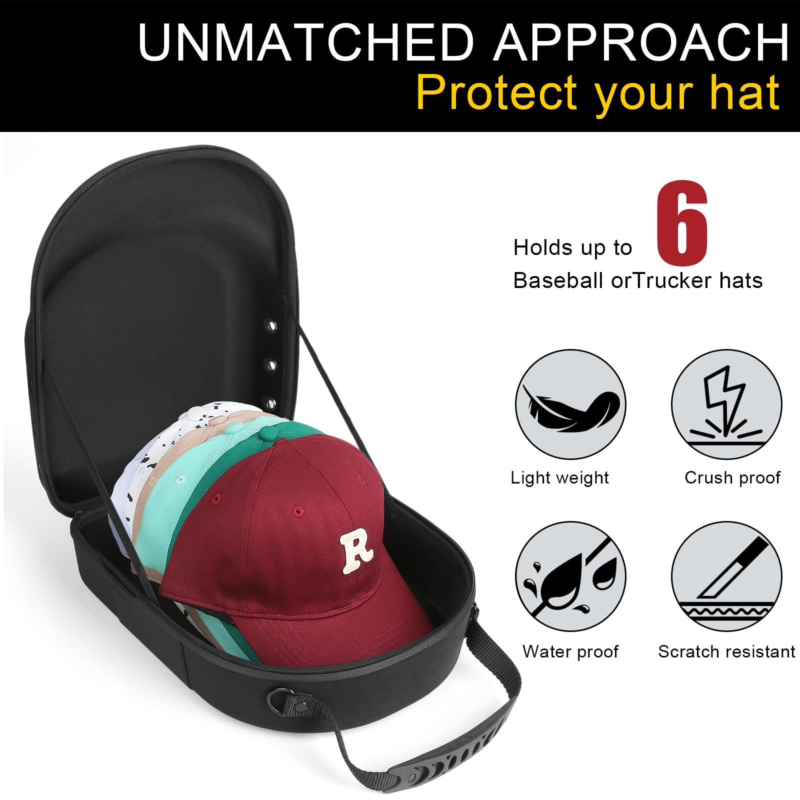 Germun Hard Baseball Hat Case With 6Pcs Hat Hooks, Hat Carrier Travel Case With Adjustable Shoulder Strap, Hat Cap Case For 6 Ba