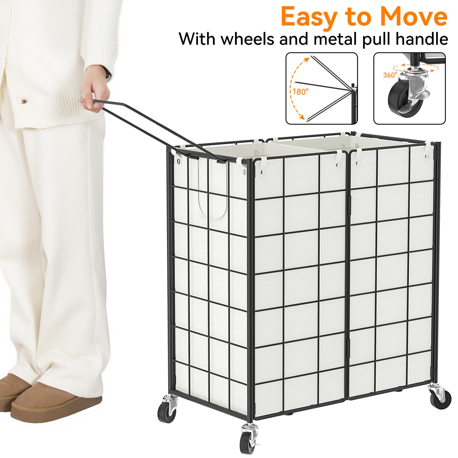 Wowlive Double Laundry Hamper With Wheels,Metal Wire Frame Rolling Laundry Basket With 2 Removable Bags,120L Dirty Clothes Hampe