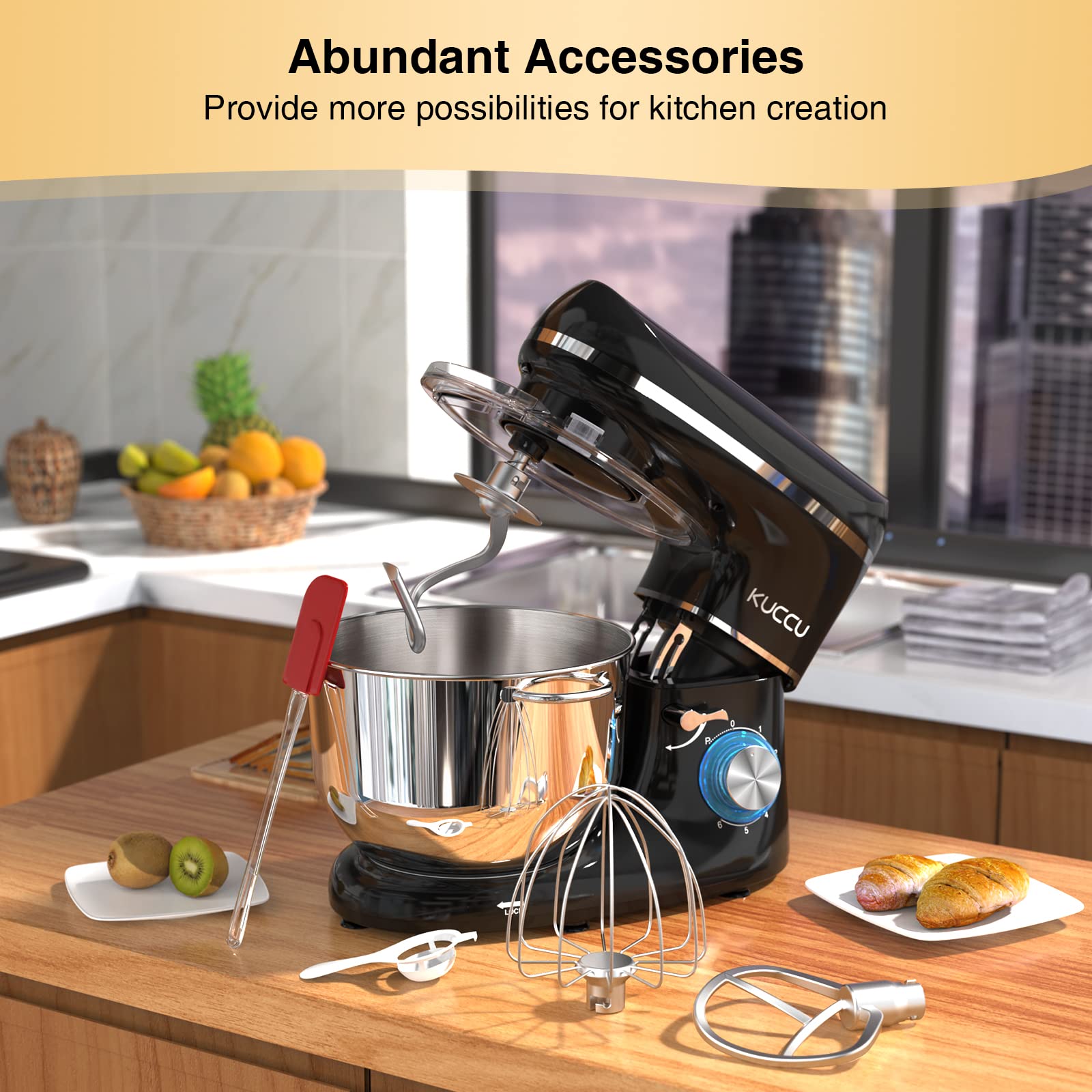 KUCCU Stand Mixer  6.5 Qt 660W  6-Speed Tilt-Head Food Dough Mixer  Kitchen Electric Mixer with Stainless Steel Bowl Dough Hook Whisk  Beater  Egg white separator (6.5-QT  Black)