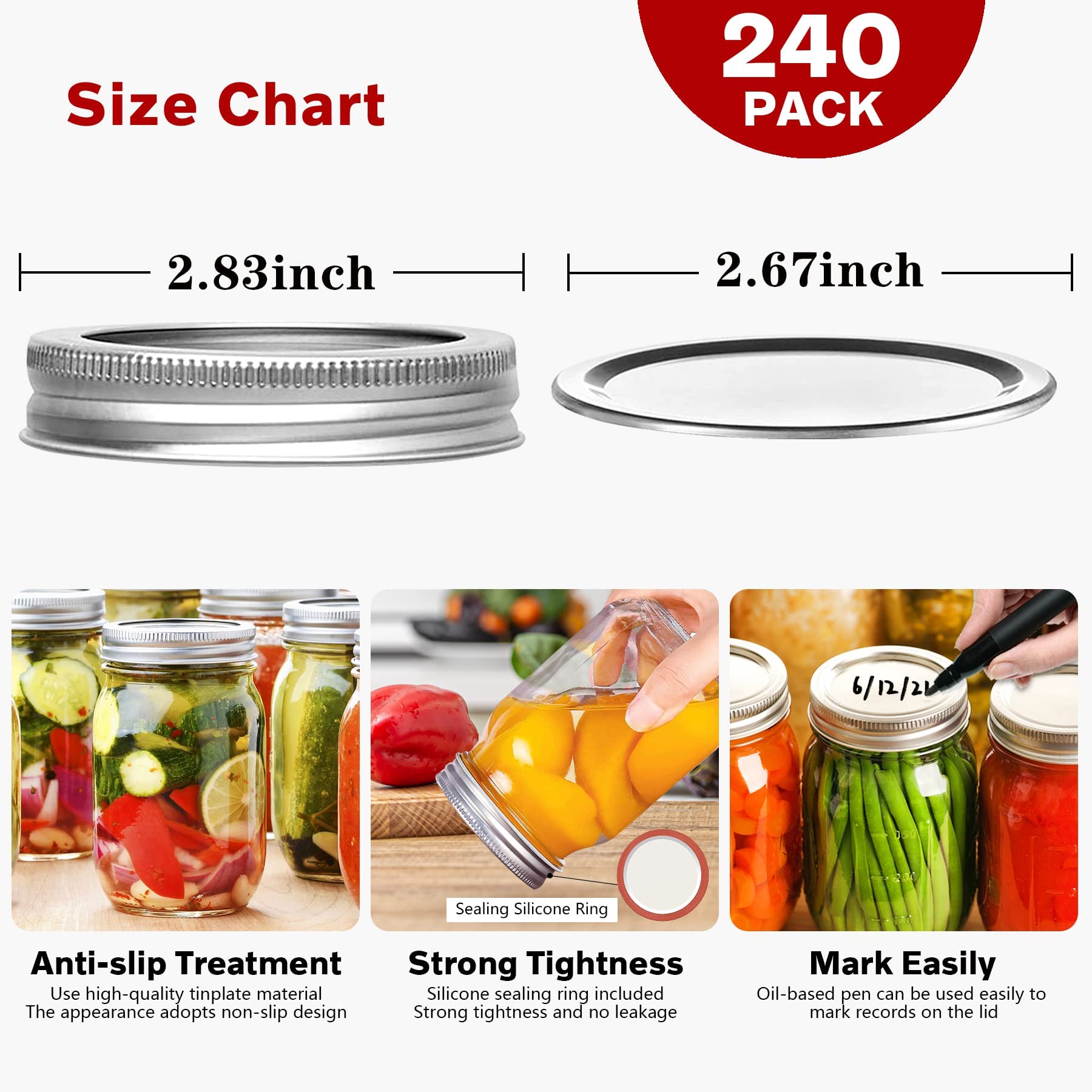 Slifejars Canning Lids And Rings Regular Mouth,240 Pcs 70Mm Mason Jar Lids And Rings Set For Regular Mouth Canning,Split-Type Li