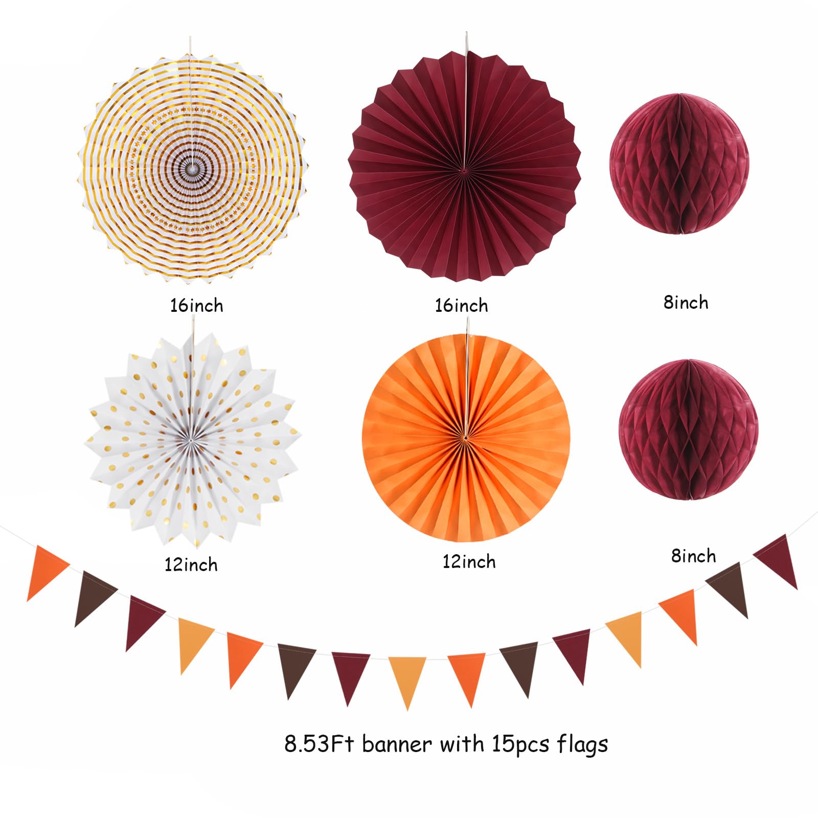 Burgundy Brown-Orange Baby-Shower Boho Party-Decorations - 20Pcs Fall Autumn Paper Lanterns Fans,Tissue Pom Poms,Honeycomb Balls