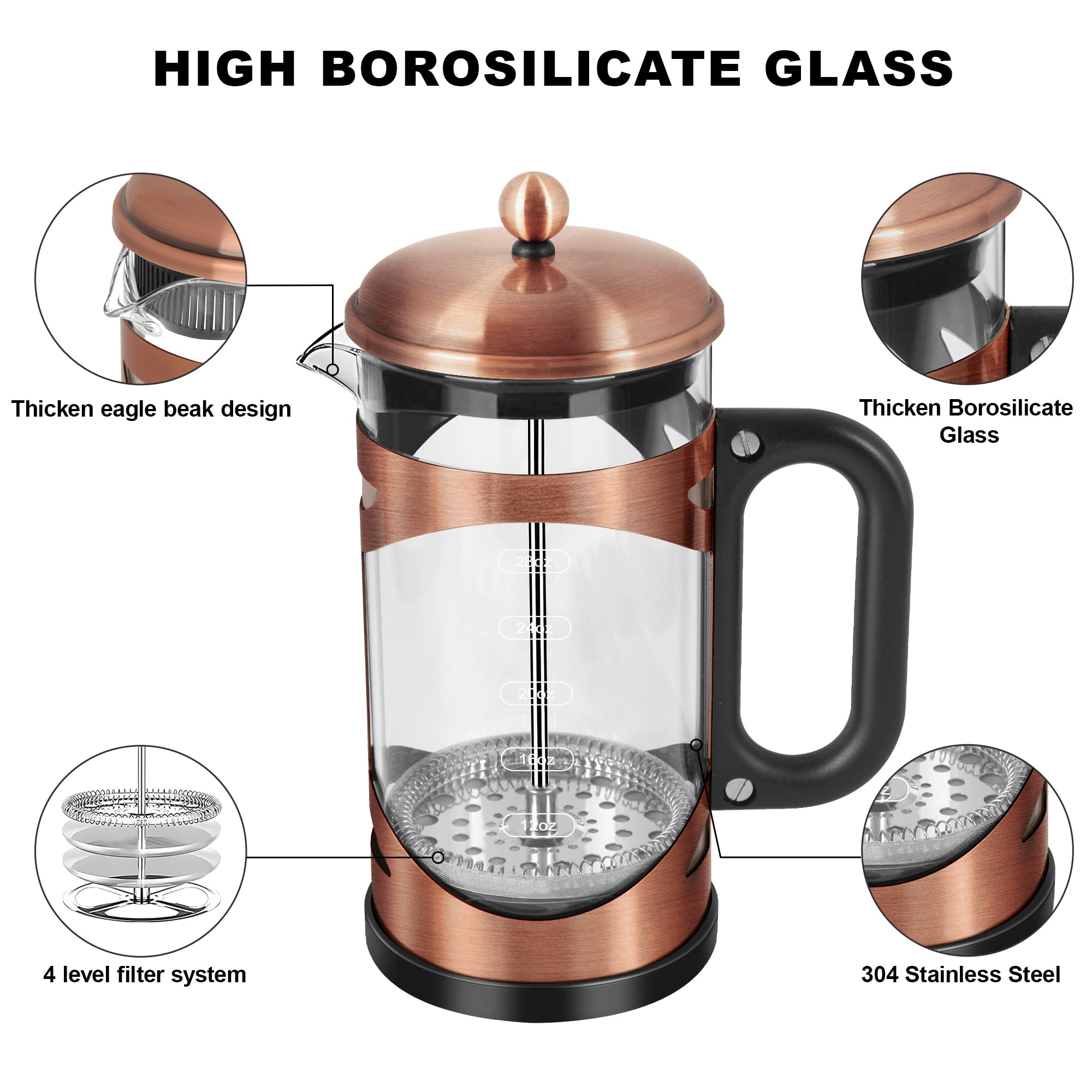 Ymmind 34 Ounce French Press Coffee Maker Copper Stainless Steel Coffee Press, With 4-Level Filter System, Heat Resistant Thickn