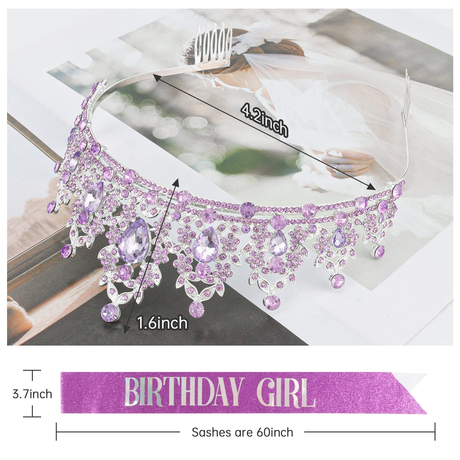 Didder Purple Birthday Girl Sash & Crystal Crown Set, Birthday Crown Birthday Tiara For Women Birthday Crowns For Women Girls Bi