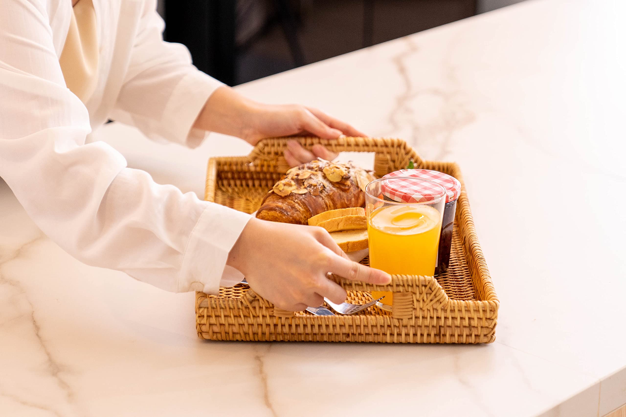 Hand-Woven Rattan Serving Tray With Handles For Breakfast, Drinks, Snack For Dining/Coffee Table (14.5 Inch (37 Cm), Rectangular