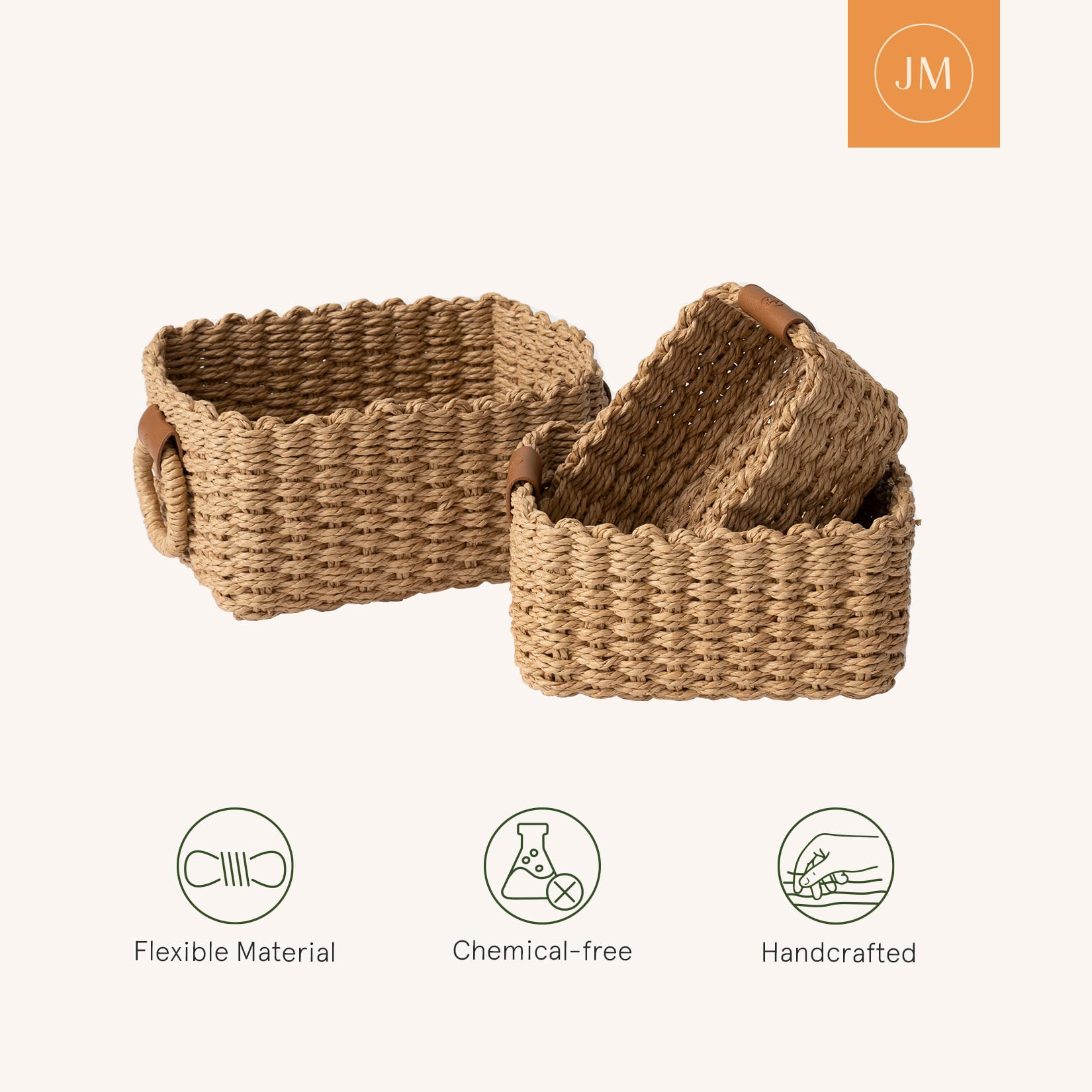 La Jolie Maison Small Sand Wicker Baskets Set Of 3, Paper Rope Storage Baskets With Handle, Small Woven Baskets For Organizing,
