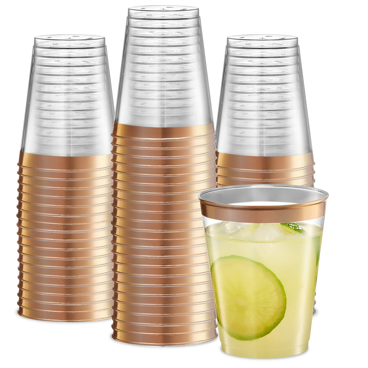 Plasticpro Disposable 8 Oz Crystal Clear Plastic Tumblers With Rose Gold Rim For Party'S & Weddings Pack Of 50