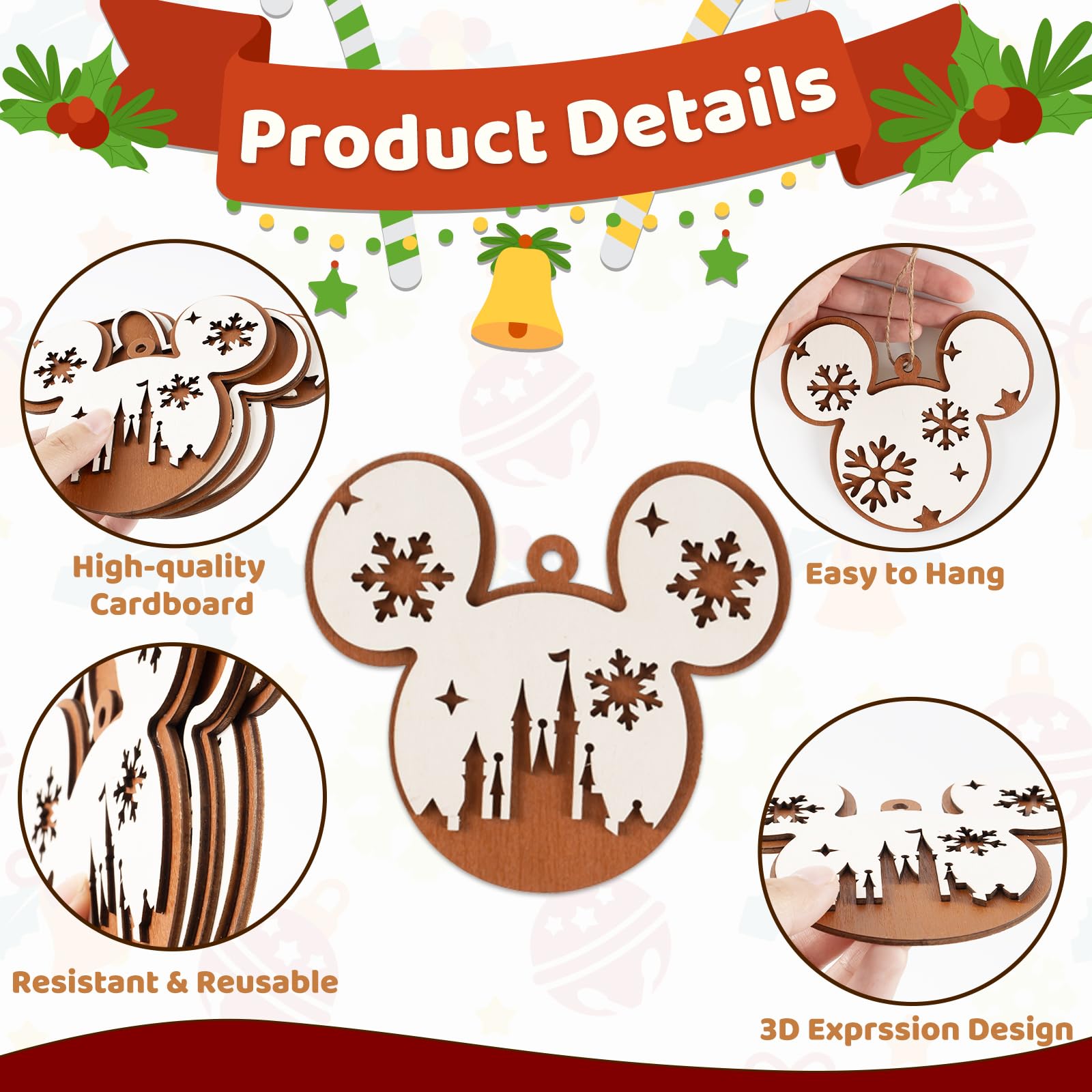 Christmas Tree Decorations, 12pcs Cute Christmas Snowflake Mouse Ornaments for Tree, Wooden Round Hanging Ornaments Pendants for
