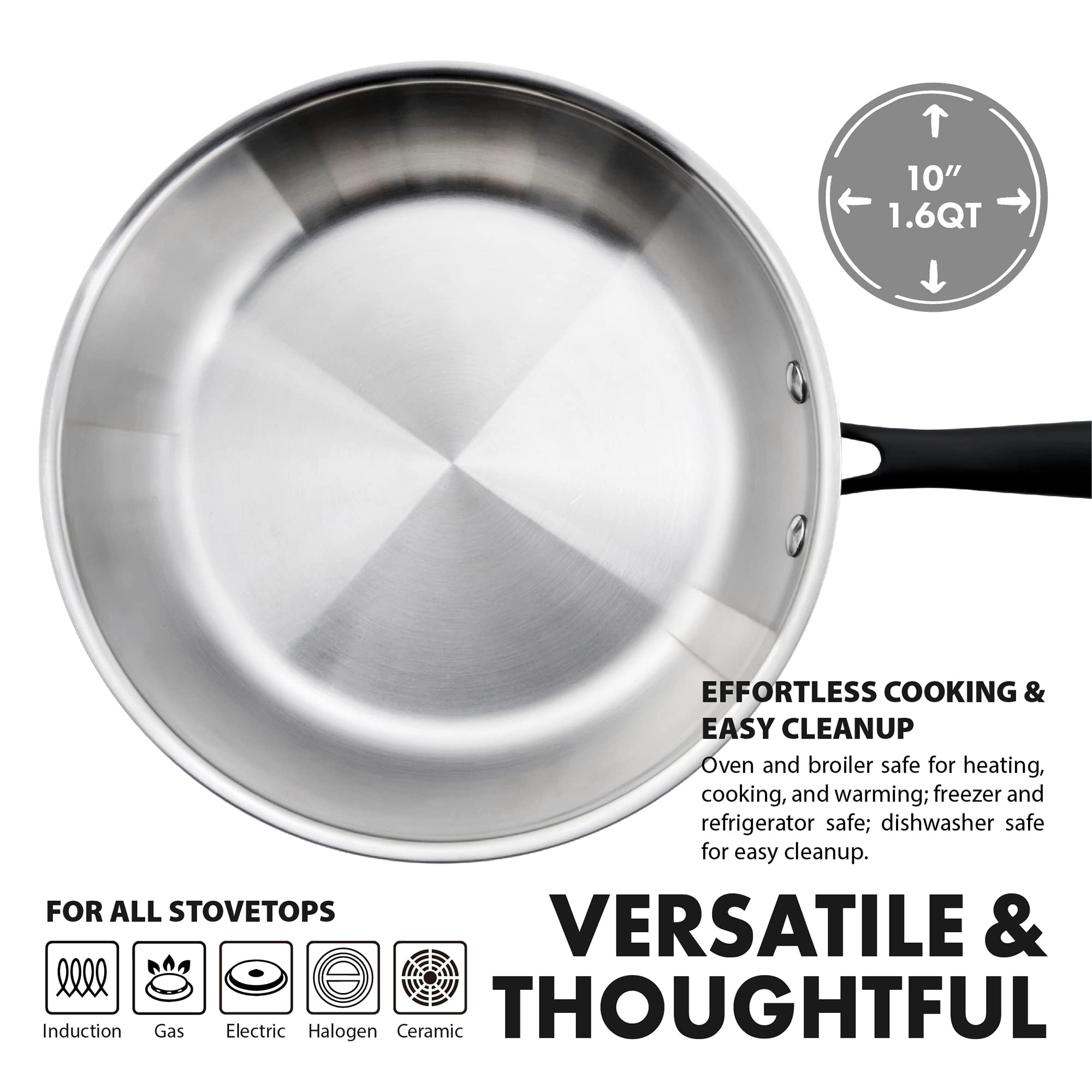 Grandties Full-Clad Tri-Ply Stainless Steel Frying Pan Induction Cookware - 10 Inch Stainless Steel Skillet, Marquina Black Meta