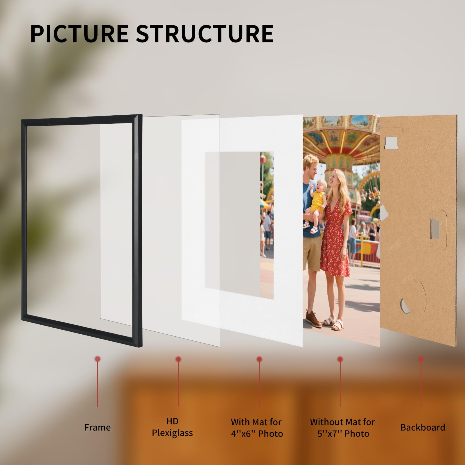 MEBRUDY 8x10 Picture Frame Set of 6, Display 5x7 Pictures With Mat or 8x10 Without Mat, Photo Frames for Tabletop or Wall, Black