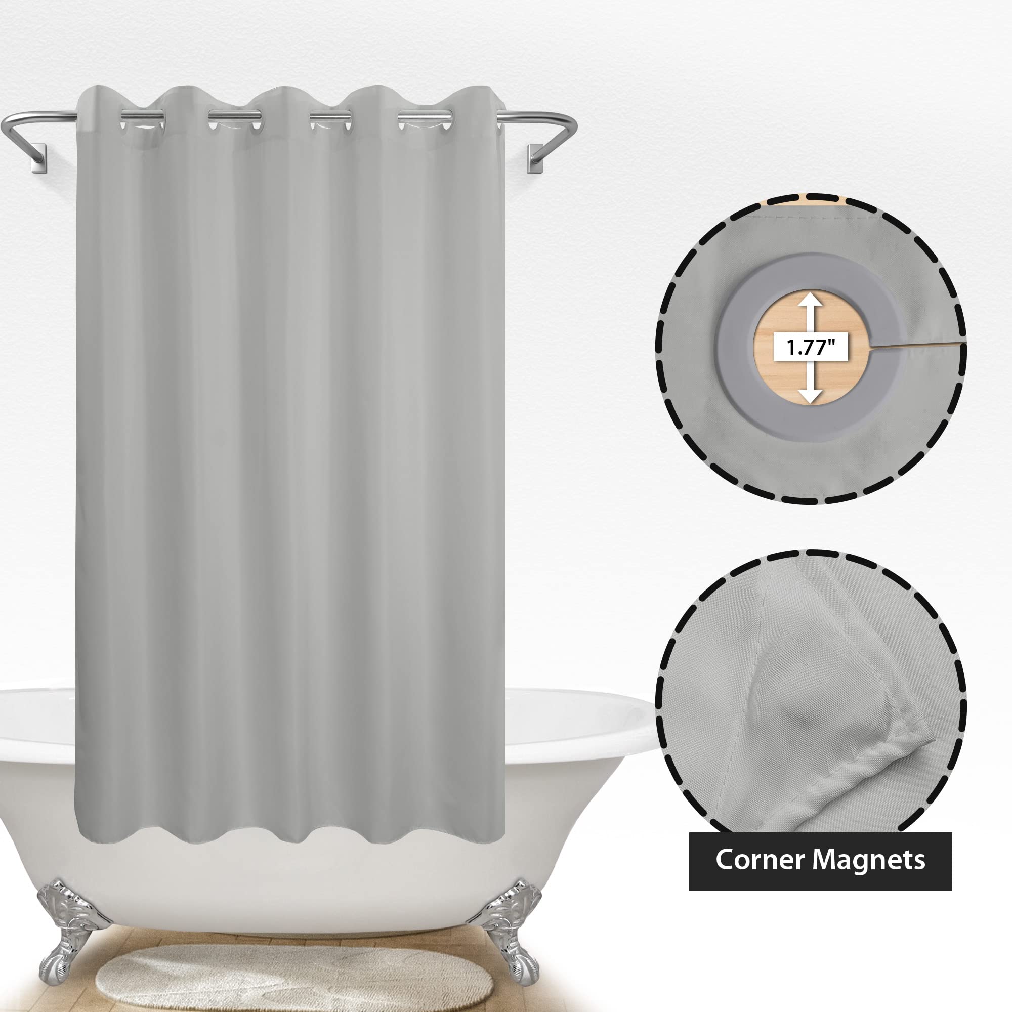 River Dream No Hook Grey Shower Curtain Soft Microfiber & Waterproof - Fabric Shower Curtain Or Liner, Washable & Bottom Magnets