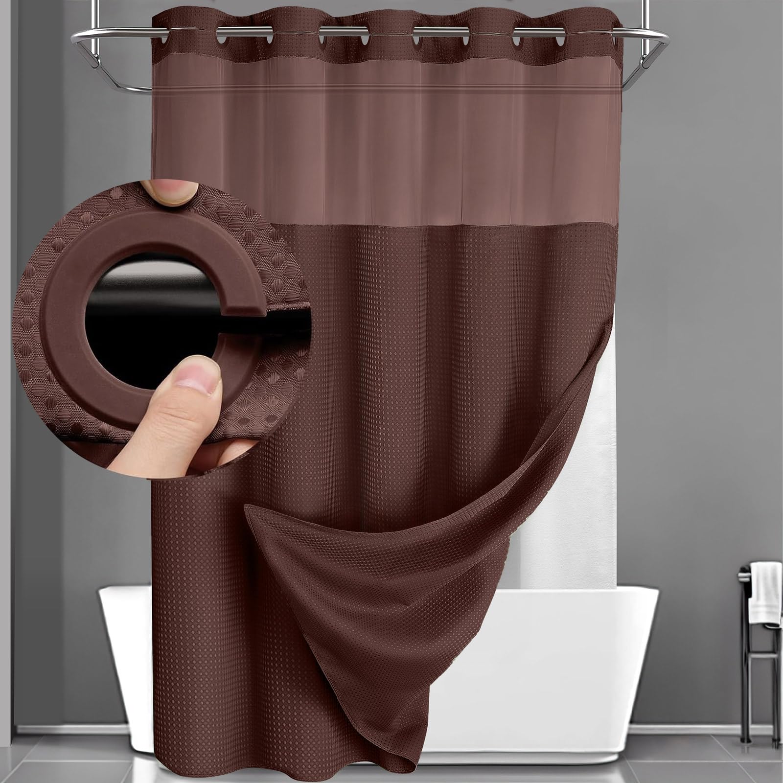 YellyHommy No Hook Shower Curtain with Snap in Fabric Liner Set Less Time Black Waffle Shower Curtain for Bathroom 75 L x 48 W