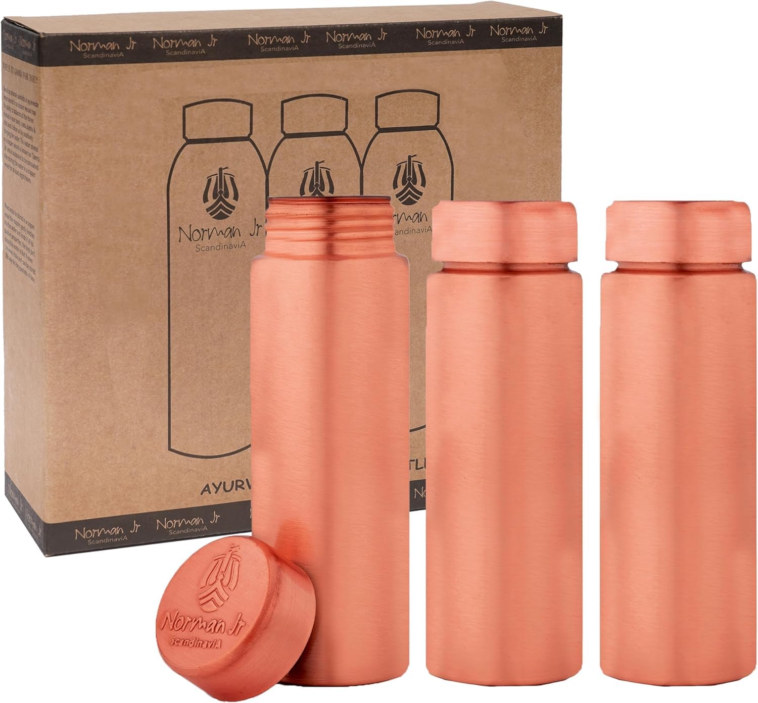 NORMAN JR Copper Water Bottle 400ml - Gift Box of 3, Slim Plain, an Ayurvedic vessel made from pure copper - helps you drink mor