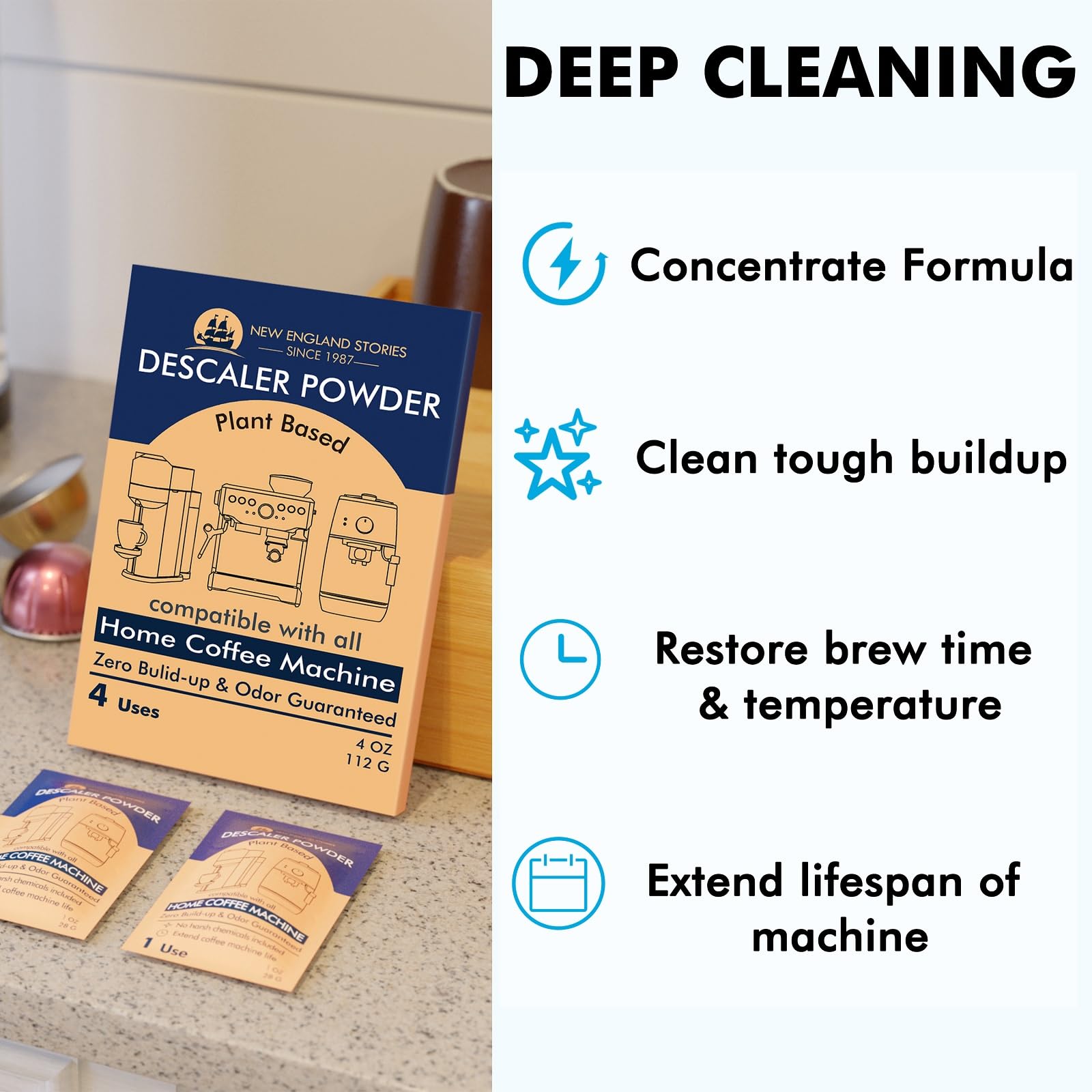 Descaling Powder Solution (4 Uses) Removes Scale And Build-Up, Automatic Coffee Pots & Makers & Espresso Machines Descaler, Comp