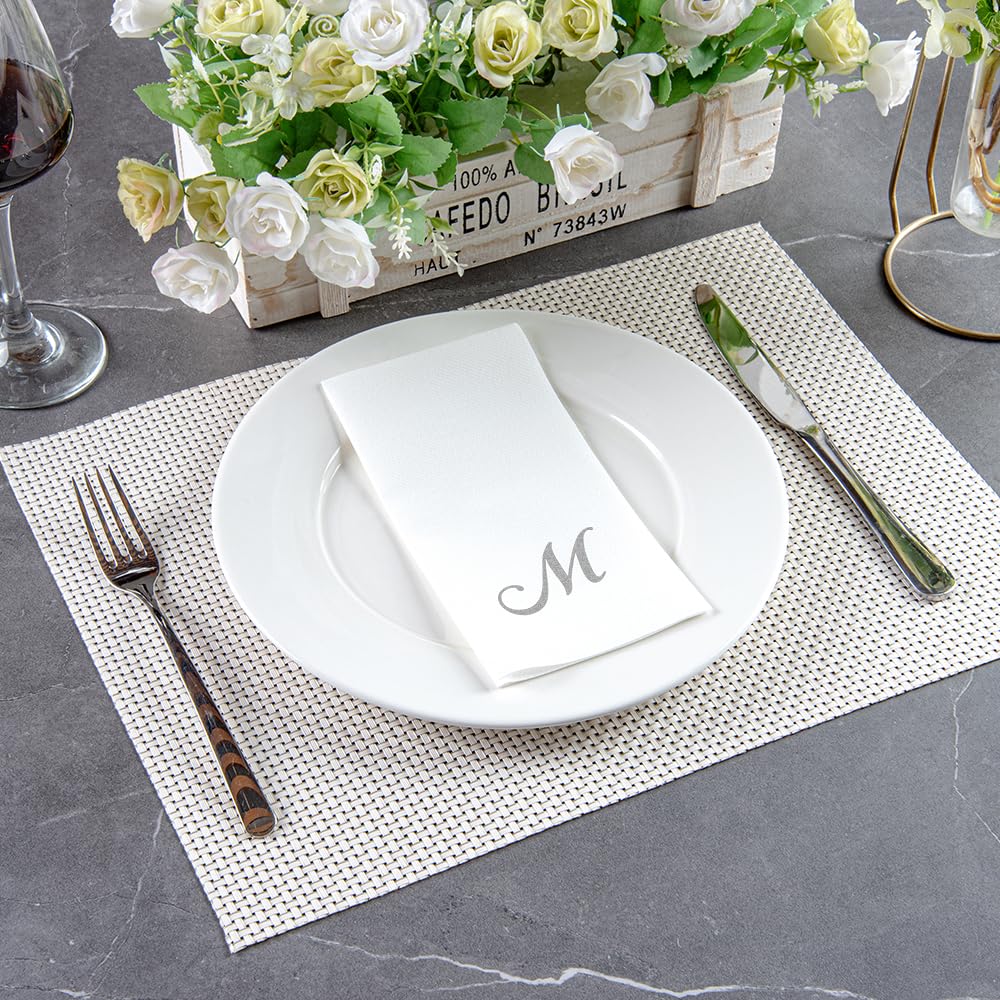 Luxenap 15.8 X 7.9 Inch Linen-Feel Guest Towels, 2000 Lettered Hand Towels - Silver Letter 'M', Cursive Font, White Paper Dinner