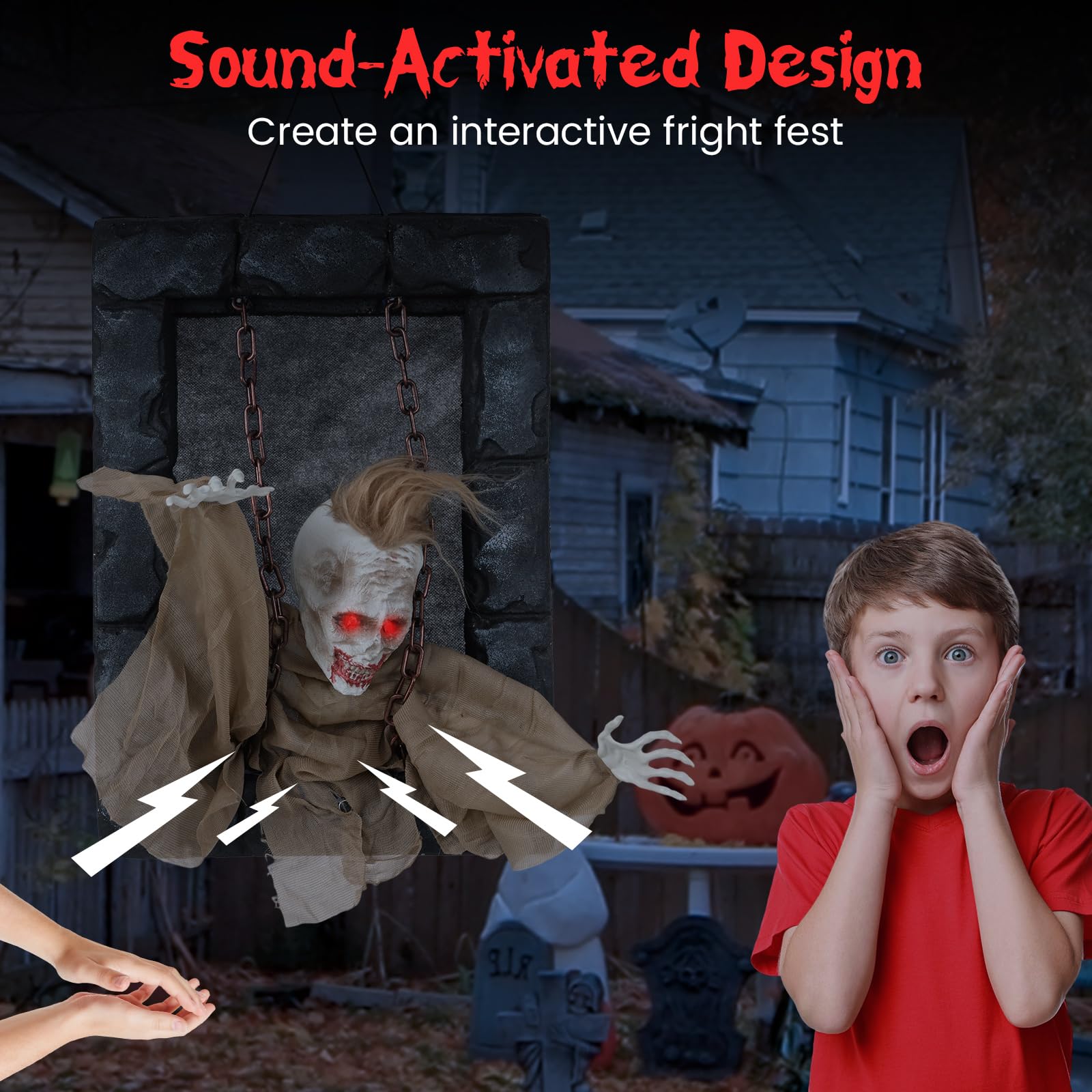 Tangkula Halloween Decorations Indoor, 18    Hanging Zombi Prisoner with Light-up Eyes & Spooky Sounds, Sound-Activated Hallowee