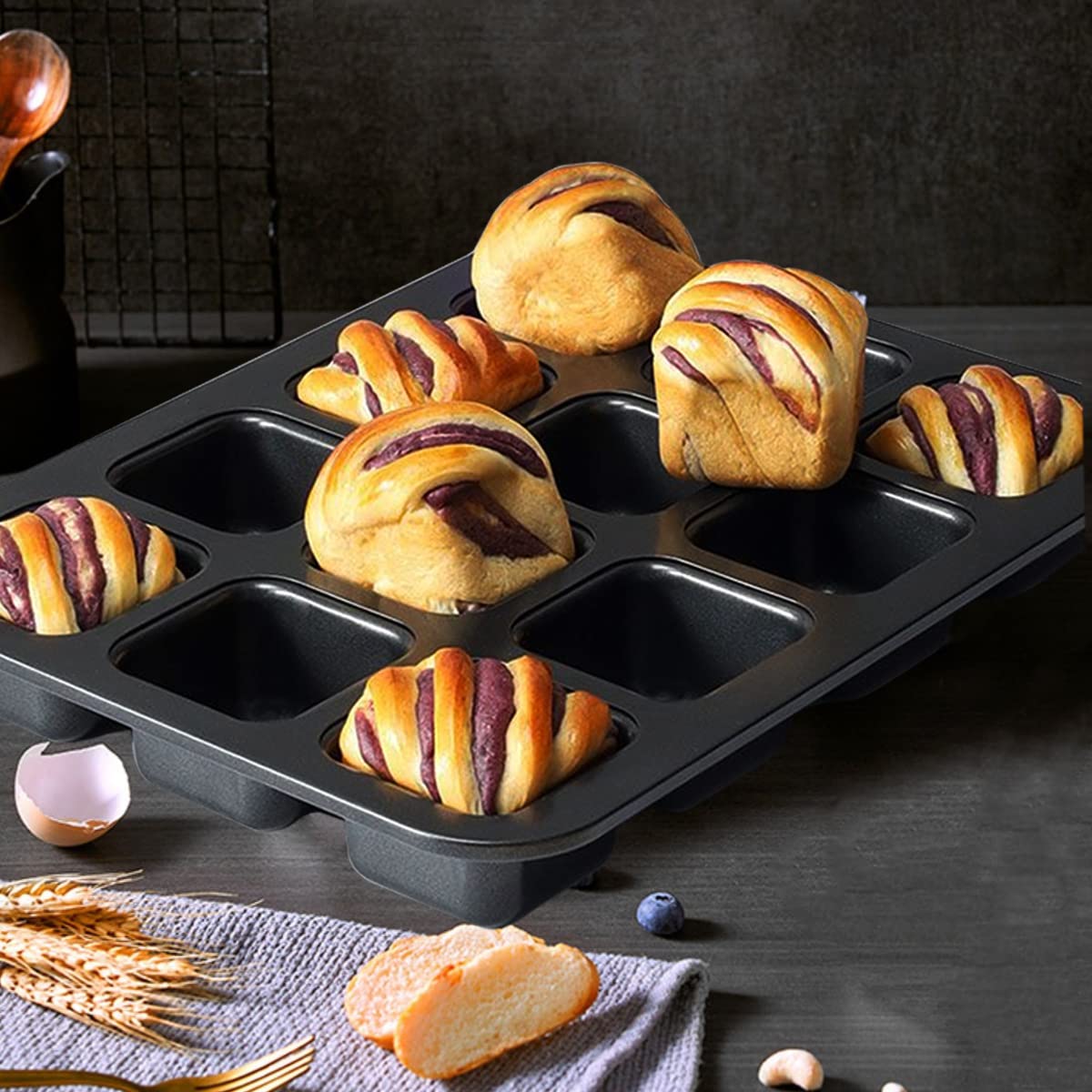 Gurlideo Brownie Cake Pan Square Muffin Pan Mini Loaf Pan,Non-Stick Carbon Steel Baking Bread Pan Baking Tray Bakeware 12-Cavity