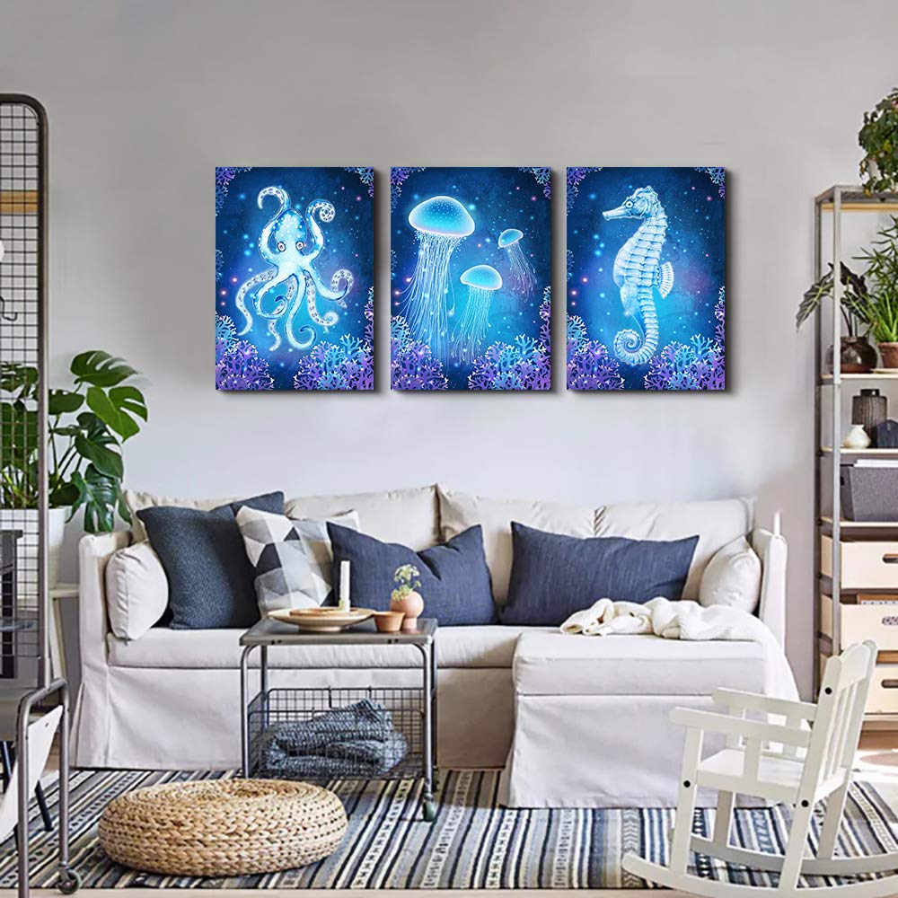 Blue Ocean Life Theme Canvas Prints Wall Art Paintings For Living Room Large size Wall Artworks Sea Animal Sea Horse Octopus Jellyfish Pictures Decorations 3 Panels Home Bathroom Wall Decor Posters