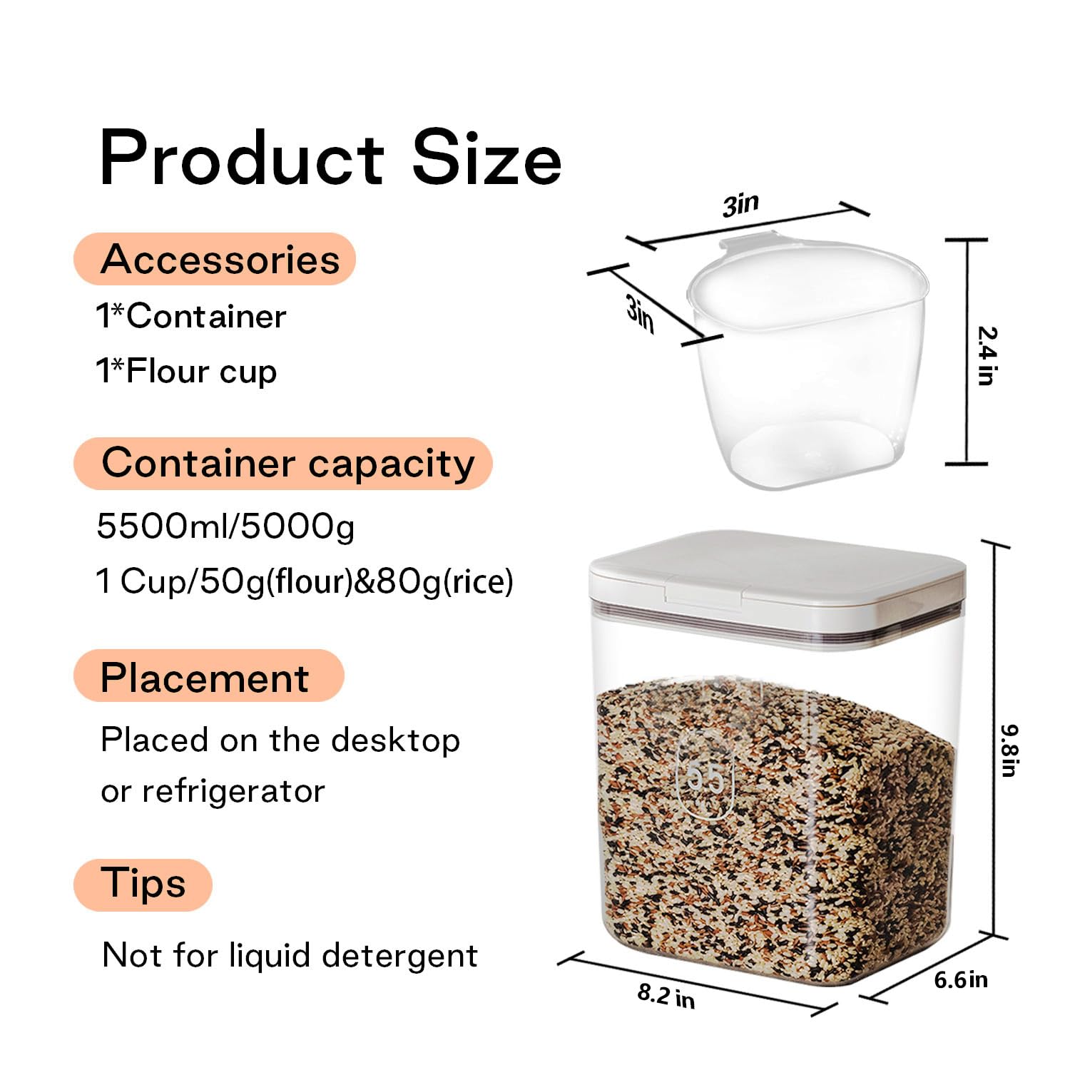 Livlab Flour Container - 5.5 L /5.81Qt/5Kg Large Flour Dispenser Keep Your Flour Fresh And Dry Easily With Kitchen Essential
