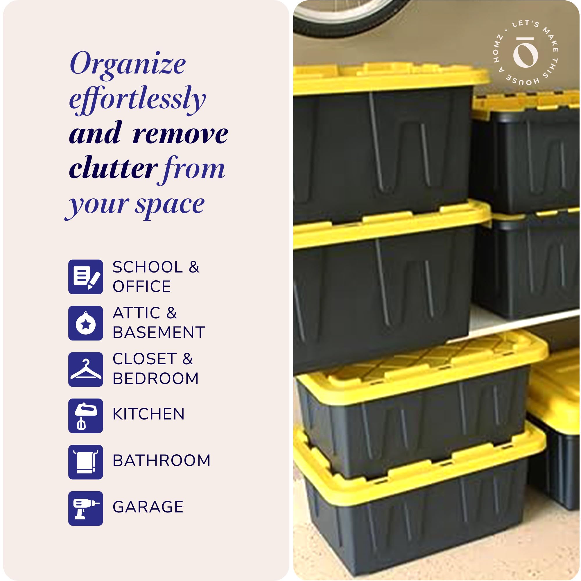 Homz 6-Pack Durabilt, Heavy Duty Plastic Storage Bins With Lids, 15 Gallon, Black/Yellow