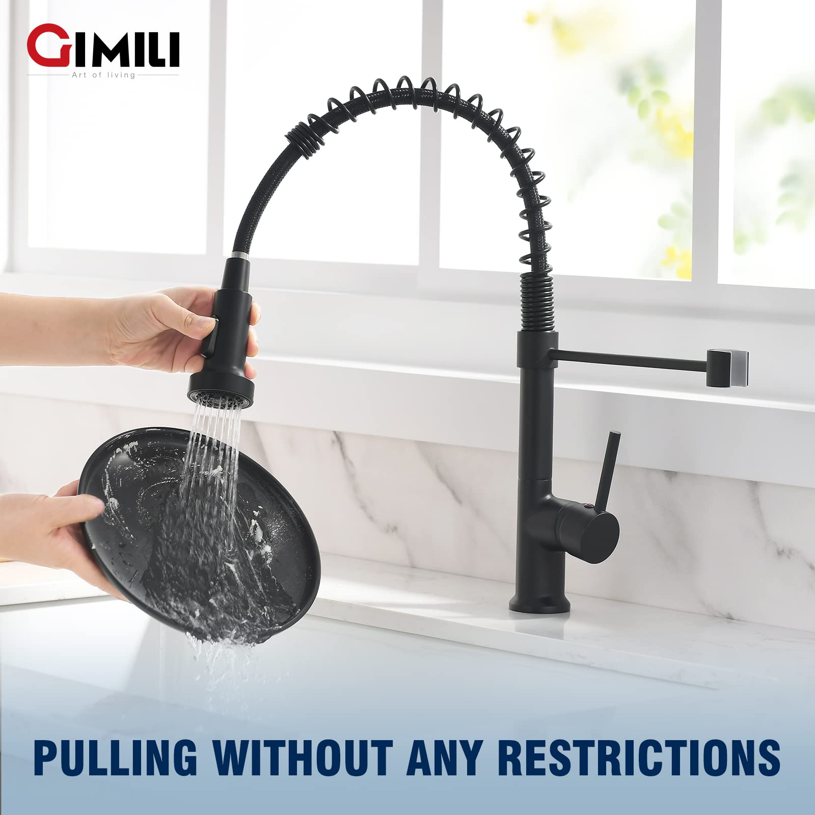 GIMILI Modern Kitchen Faucet with Pull Down Sprayer Commercial Single Handle Lever Spring Kitchen Sink Faucet Matte Black