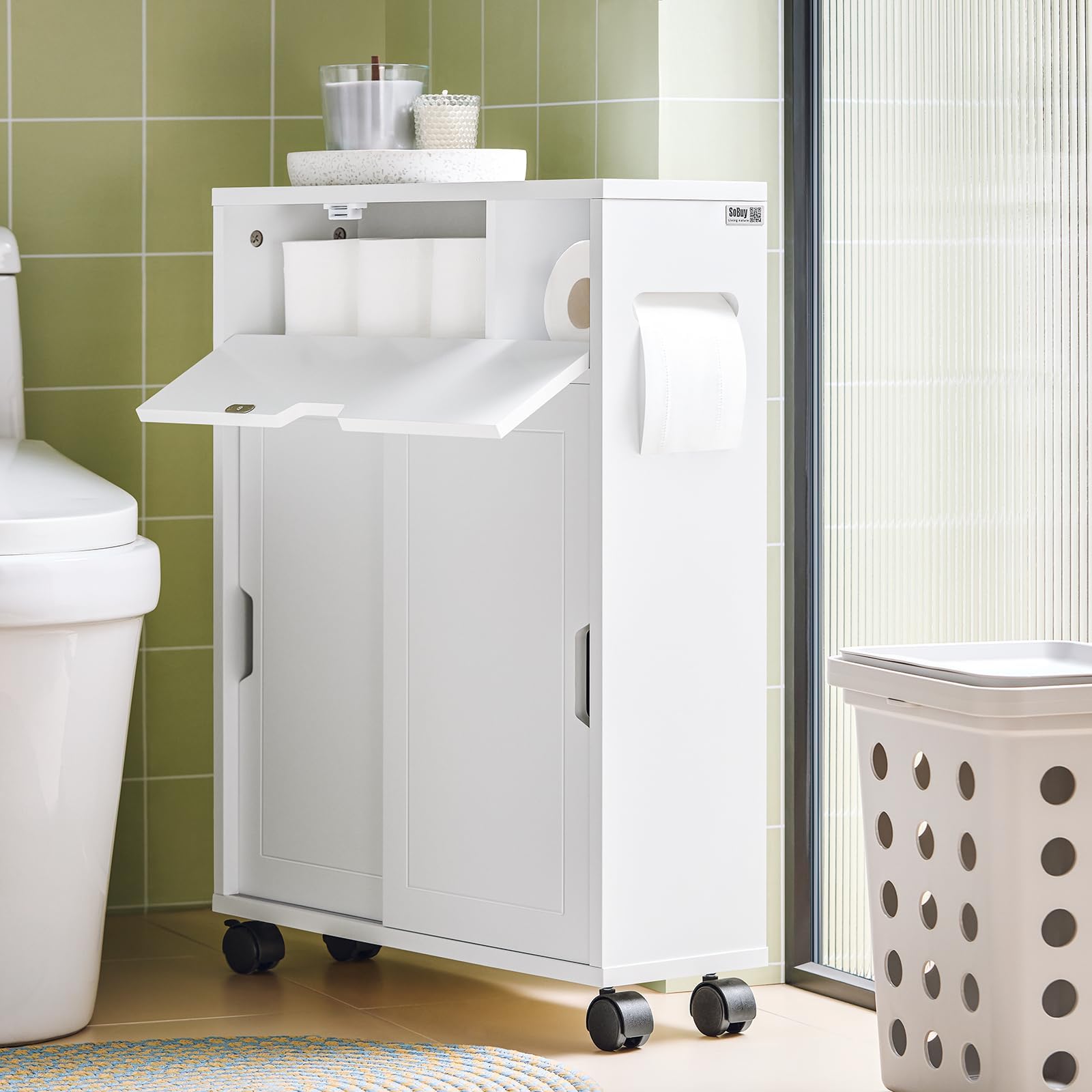 Haotian BZR31-W  White Toilet Paper Roll Holder  Bathroom Cabinet Storage Shelf on Wheels