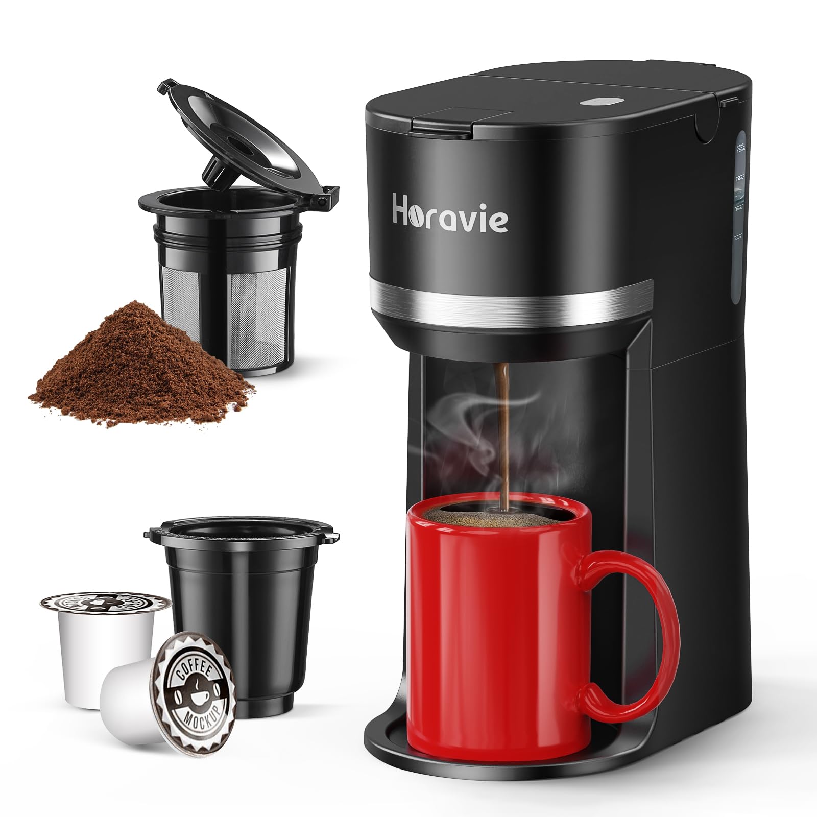 Horavie Mini Single Serve Coffee Maker For K Cup And Ground Coffee, Fast Brew One Cup Coffee Machine With Descaling Reminder And
