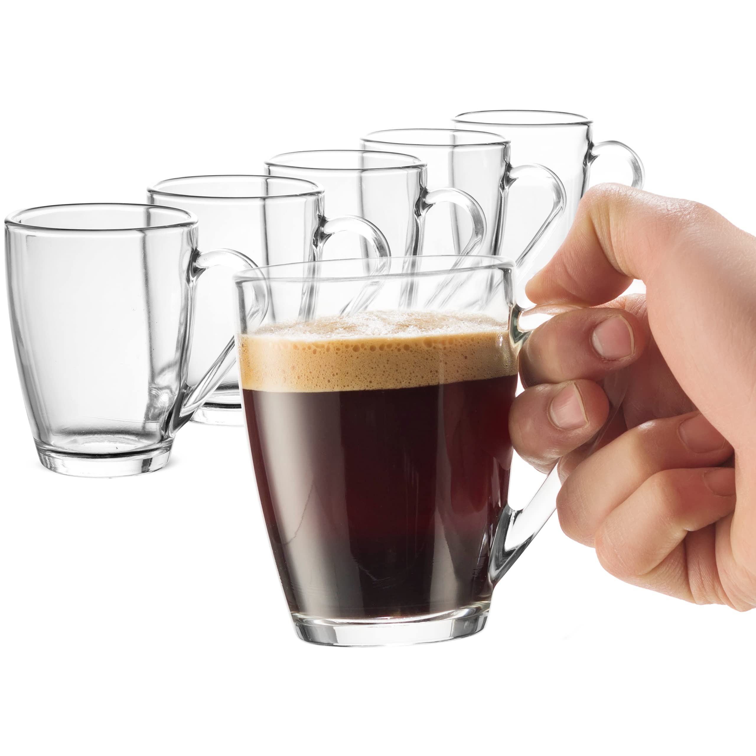Bormioli Rocco Glass Coffee Mug Set, (6 Pack) 10 Ounce with Convenient Handle, Tea Glasses for Hot/Cold Beverages, Thermal Shock