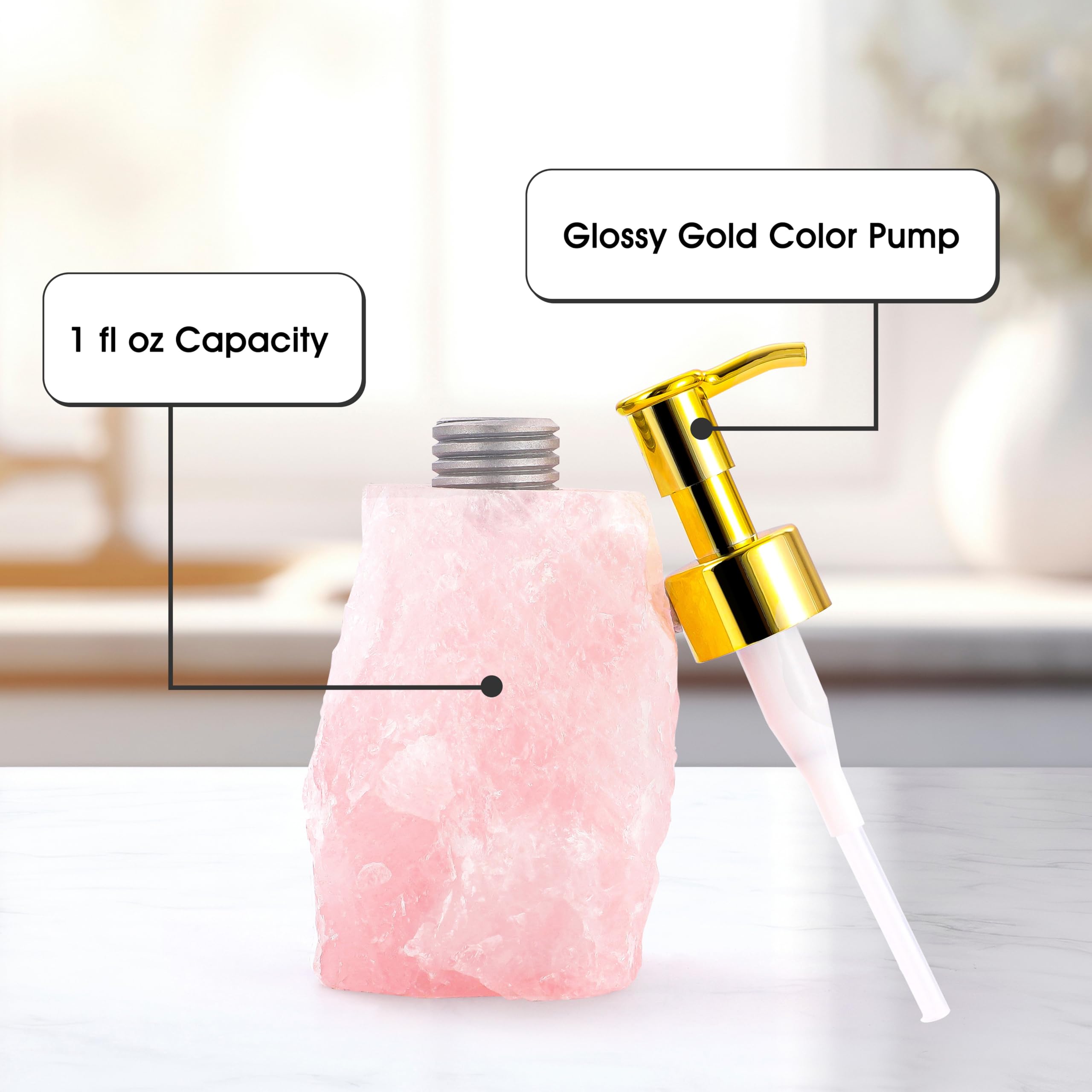 Spaceneat Rose Quartz Crystal Dispenser - Crystal Rock Soap Dispenser With Glossy Gold Color Pump - Natural Stone Soap Dispenser