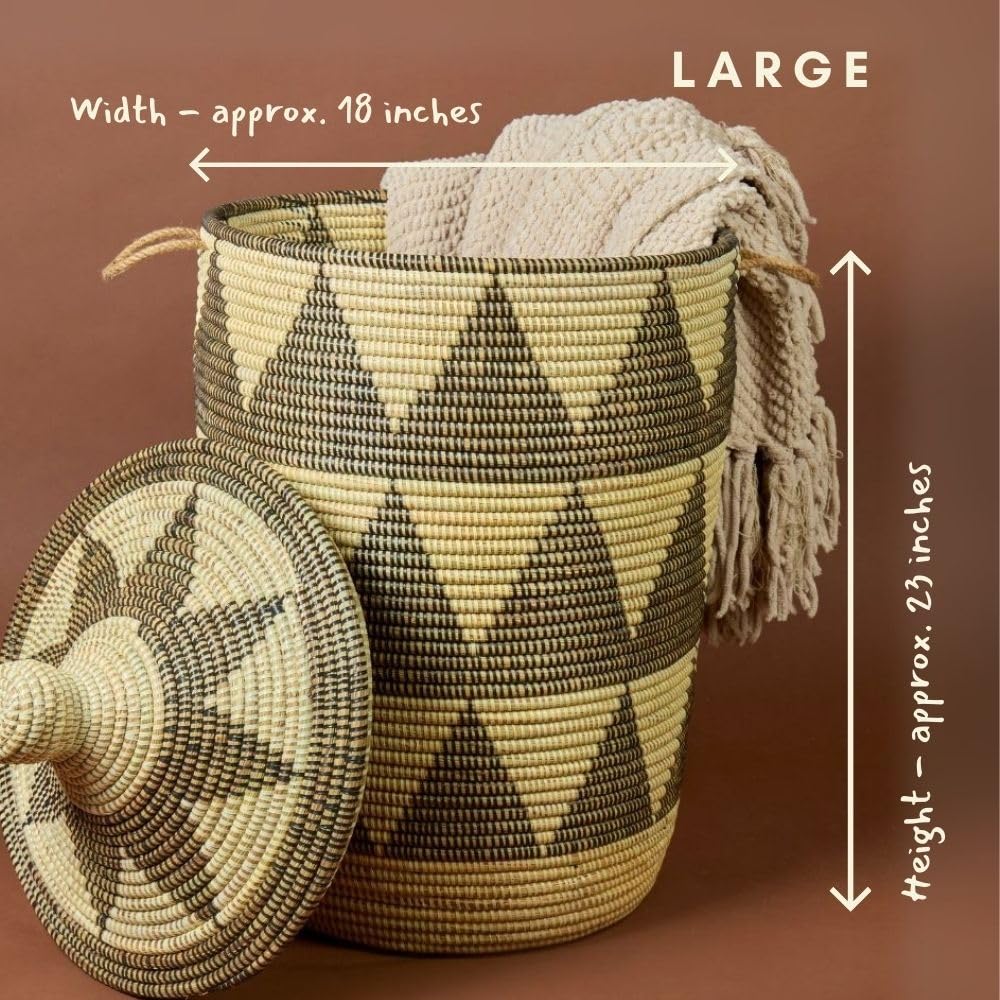 Decorative Wicker Baskets With Lid & Handles, Laundry Hamper, Blanket Storage, Toy Bin, African Woven, Hood Lid, Black Triangles