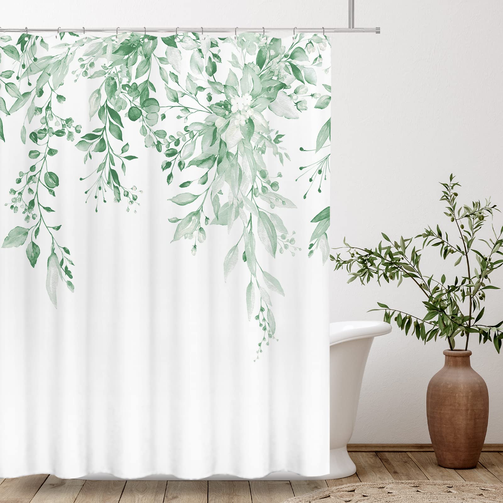 Tititex Mint Green Eucalyptus Shower Curtain Sets, Watercolor Leaves On The Top Plant With Floral Bathroom Decoration 72X84 Inch