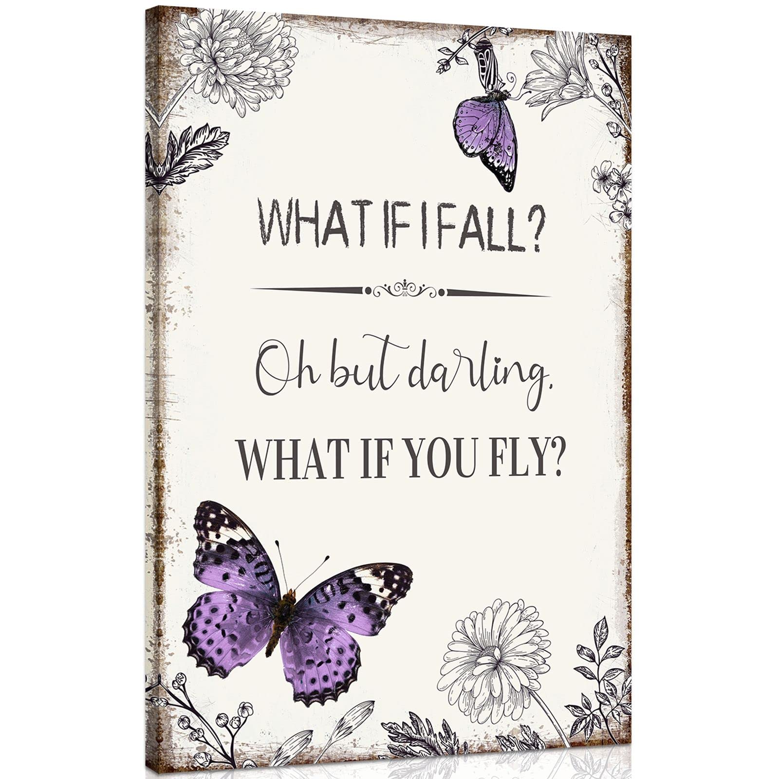 Ypy Inspirational Quote Canvas Wall Art : Purple Butterfly Picture Motivational Framed Poster, What If I Fall Positive Sign For