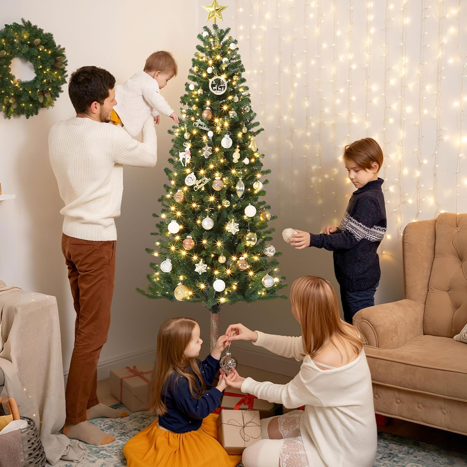 GarveeHome Pencil Christmas Tree 7.5 ft Pre-lit Alpine Slim Holiday Decoration, Lighted Skinny D  cor LED Lights, Metal Stand, 7