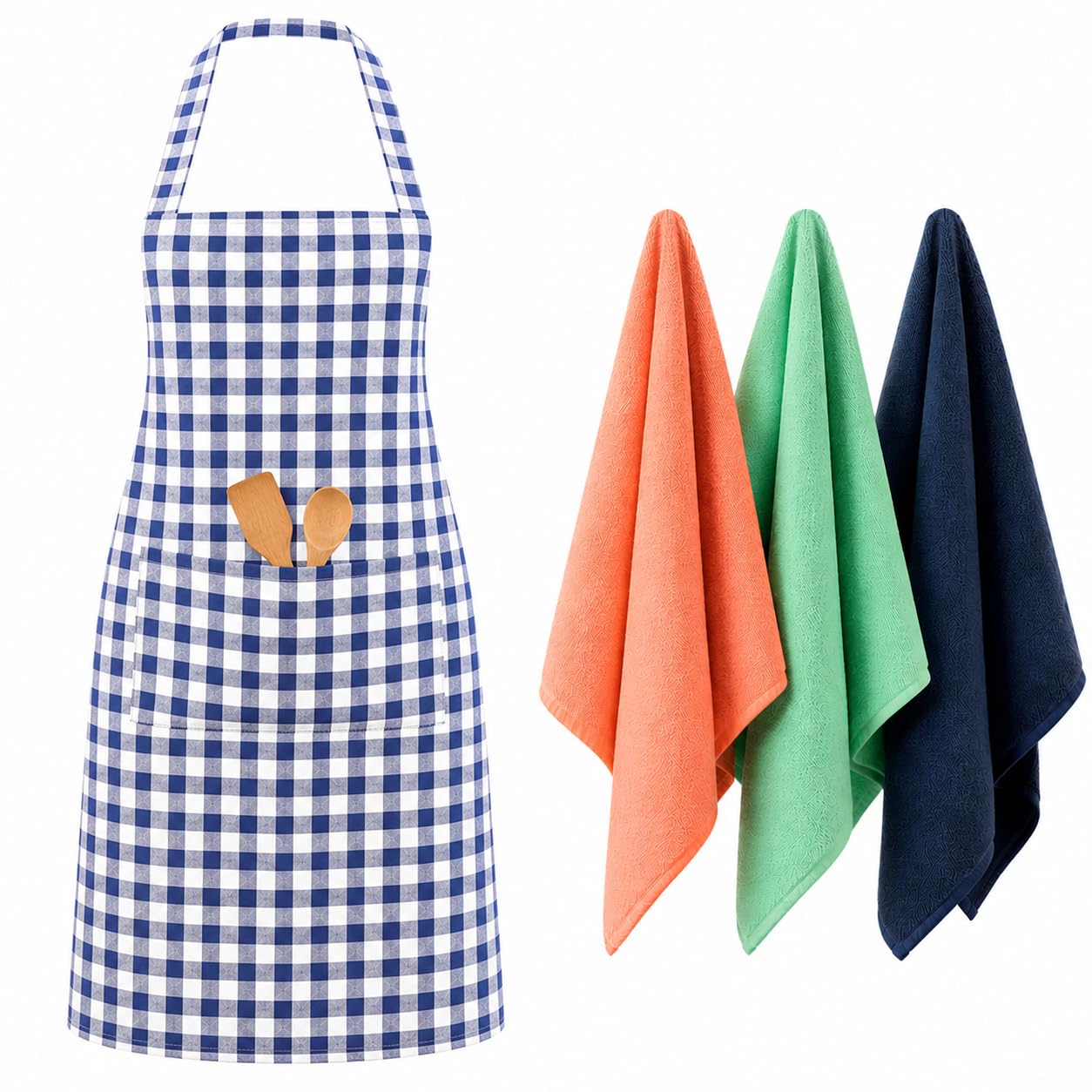 Addone Blue Checkered Apron With Pocket And 3 Hand Towels Set