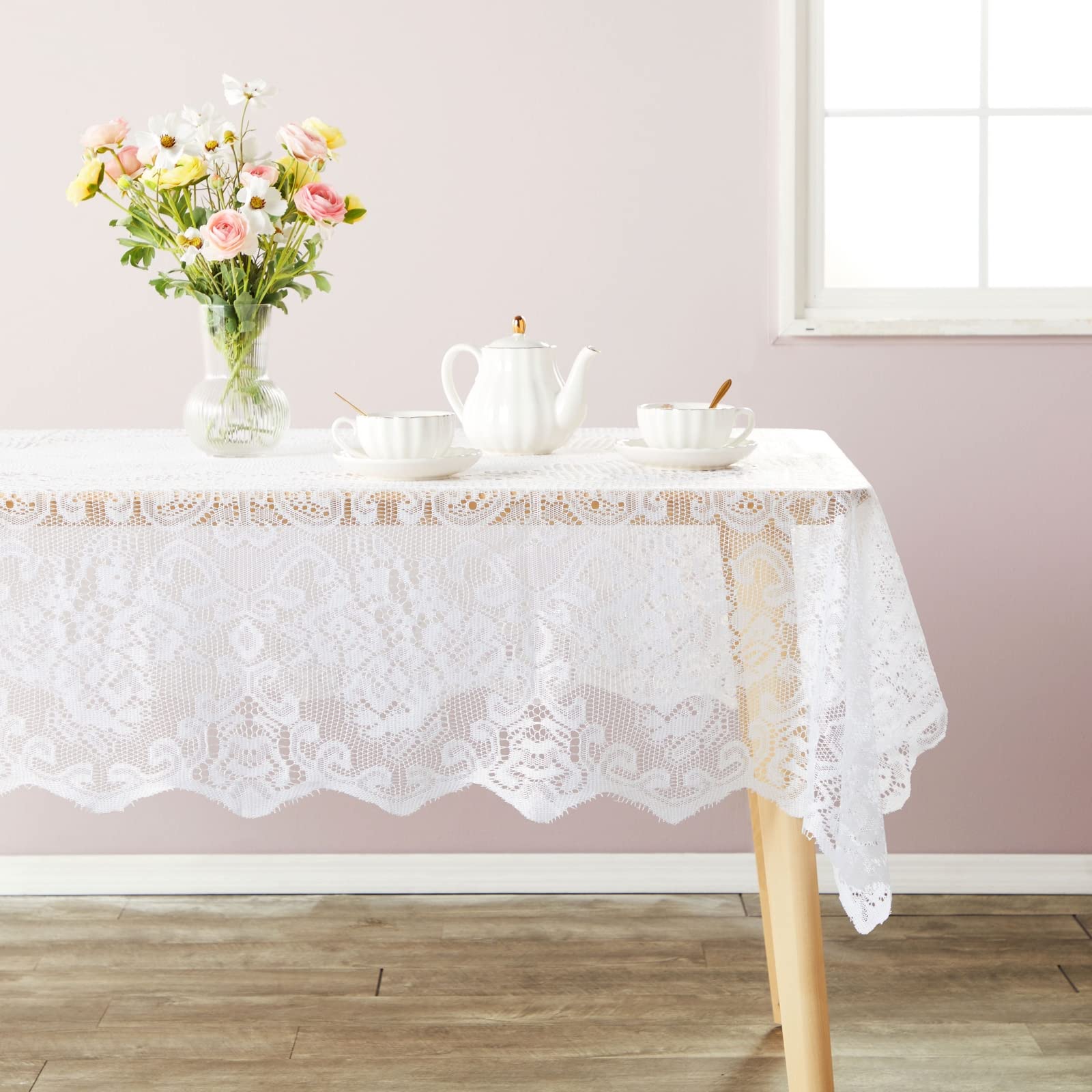 Juvale White Lace Tablecloth For Rectangular Tables, Vintage-Style Wedding Table Cloths For Reception, Dinner Party, Baby Shower