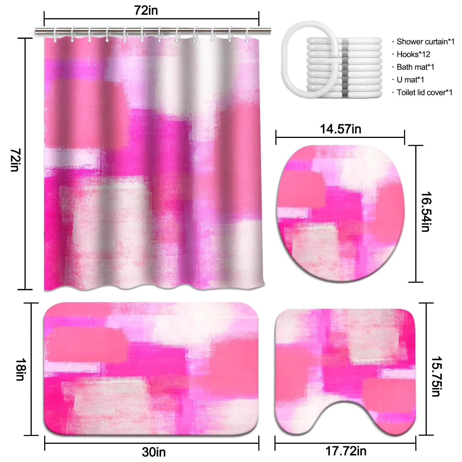 Lnond 4Pcs Bathroom Shower Curtain Sets With Rugs, Pink And Grey Painting Art Bathroom Sets With Shower Curtain And Rugs And Acc