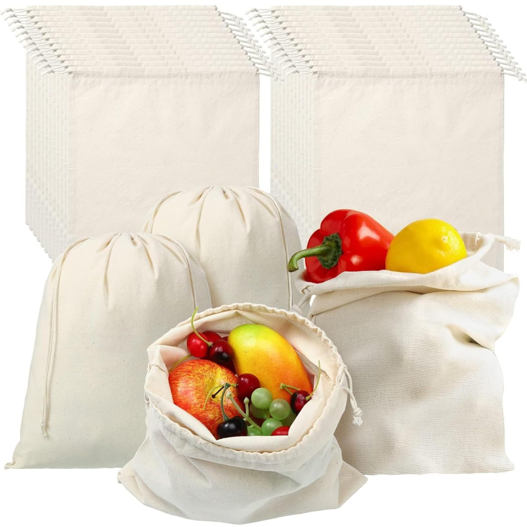Reusable Cotton Drawstring Bags Set Of 6  Washable & Grocery, Vegetable & Multipurpose Storage Bags (4 Small, 4 Medium, 4 Large