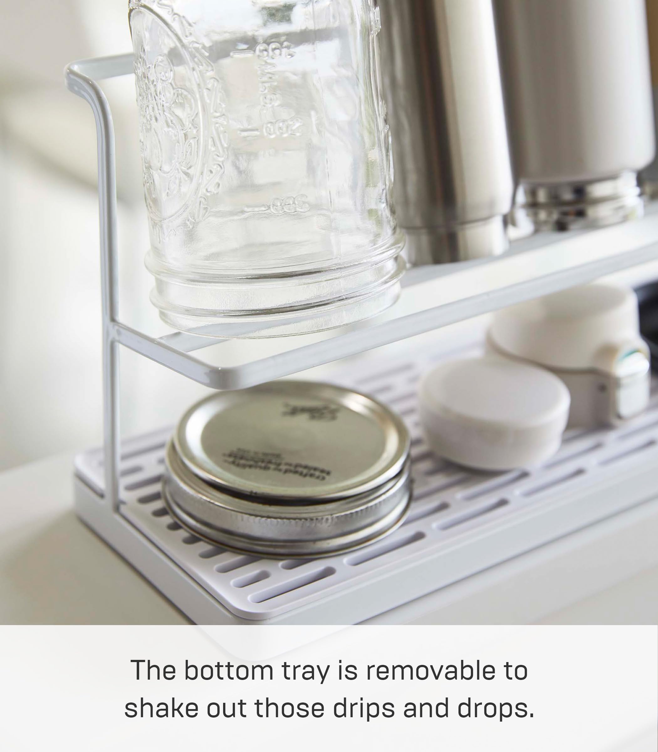 YAMAZAKI Home Countertop Two Tier Bottle Drying Rack, Wide Jug Storage Stand with Drainage Tray for Kitchen Counter for Glass Me