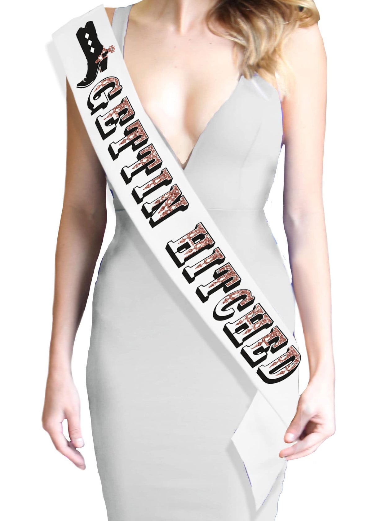 Country Bride Sash - Gettin Hitched Rose Gold Sparkle White Bridal Grade Satin Sash - Cowgirl Bachelorette Party Gift - White Sa
