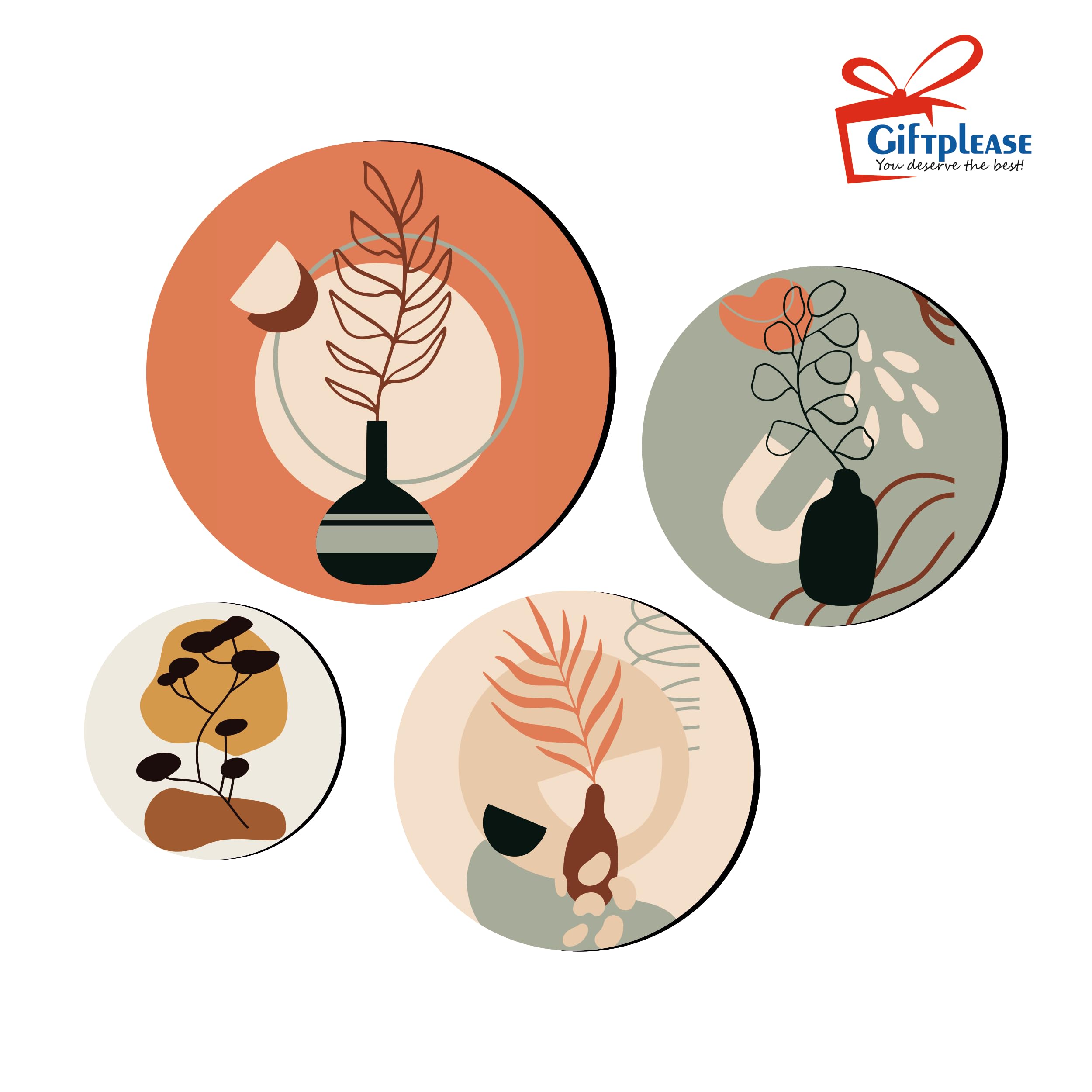 Giftplease Round Shape Elegant Wall Decoration Art - Handcrafted Traditional Wooden Decor Piece (Set Of 4 | Pattern-14)