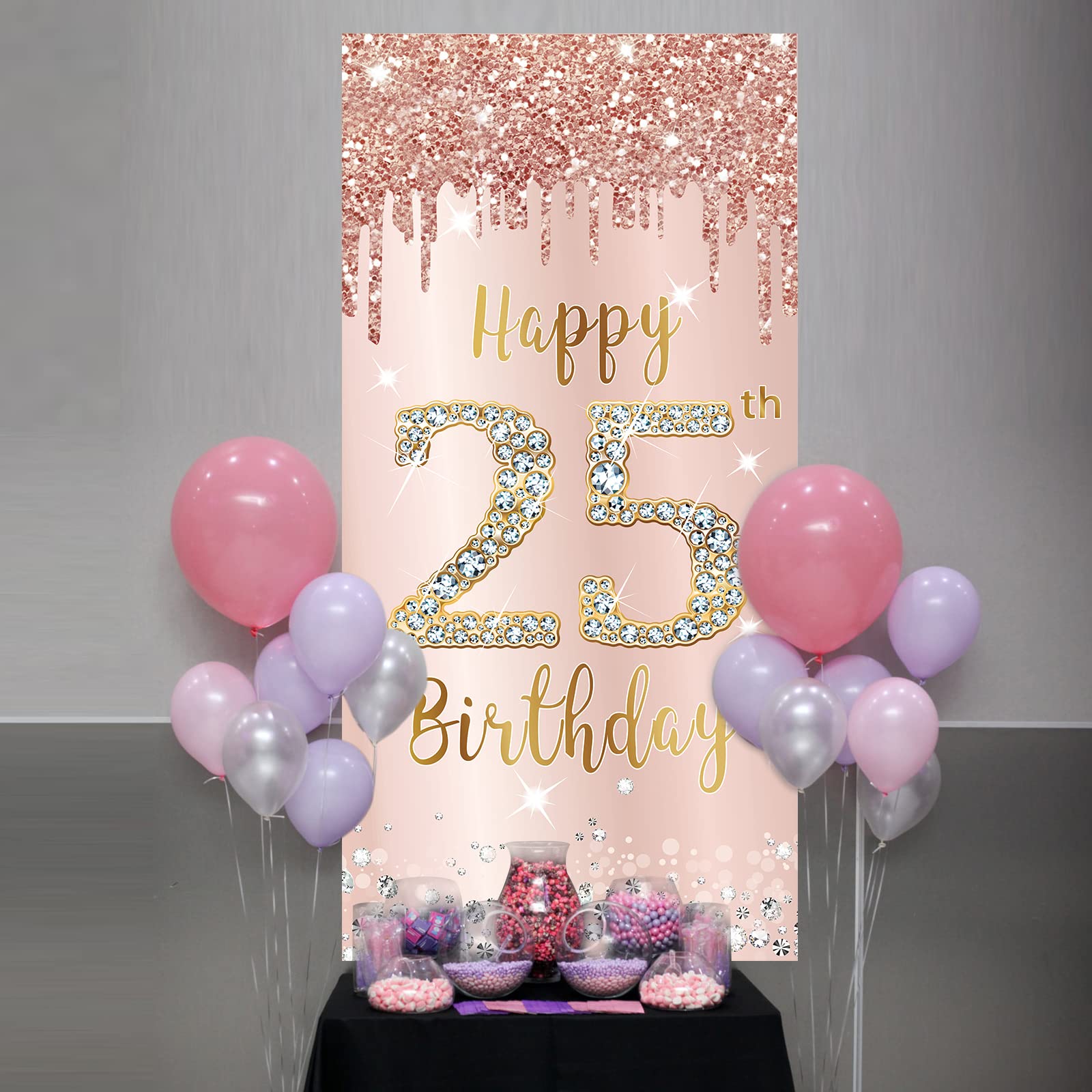 25Th Birthday Door Banner Decorations For Women, Pink Rose Gold Happy 25 Birthday Backdrop Sign Party Supplies, Large 25 Year Ol