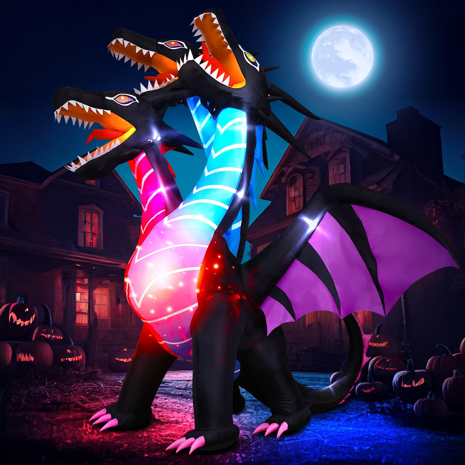 Thuodo 8 FT Tall Halloween Inflatables Dragon Outdoor Decorations Blow Up Yard Three-Headed Dragon with Built-in LEDs for Lawn G