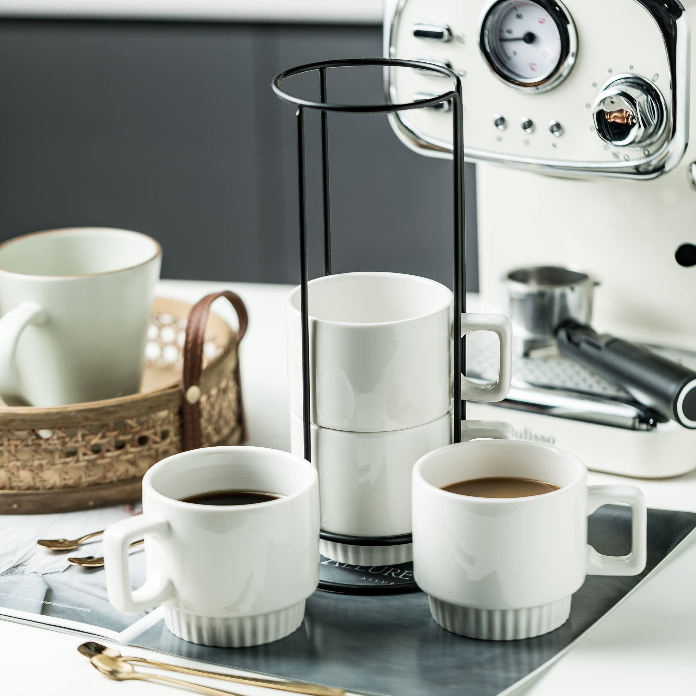 Miamolo Coffee Mugs Set Of 4, Stackable Coffee Cups With Holder Spoons 11Oz Ceramic Espresso Cup For Cappuccino Latte Tea Drinks