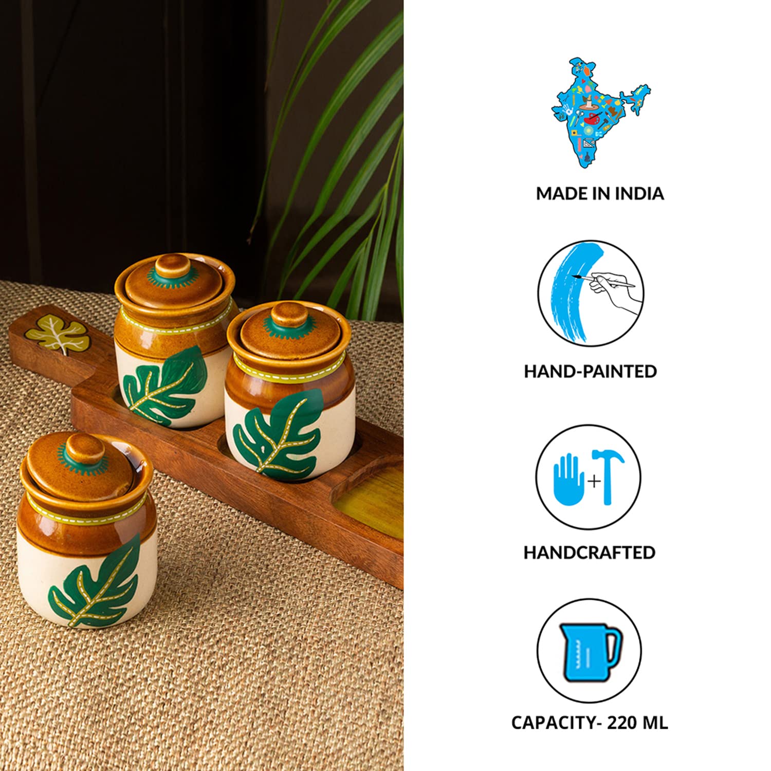 Exclusivelane Leaf Handpainted Indian Pickle Jars With Lids & Wooden Tray Traditional Indian Style Pickle Container For Dining T